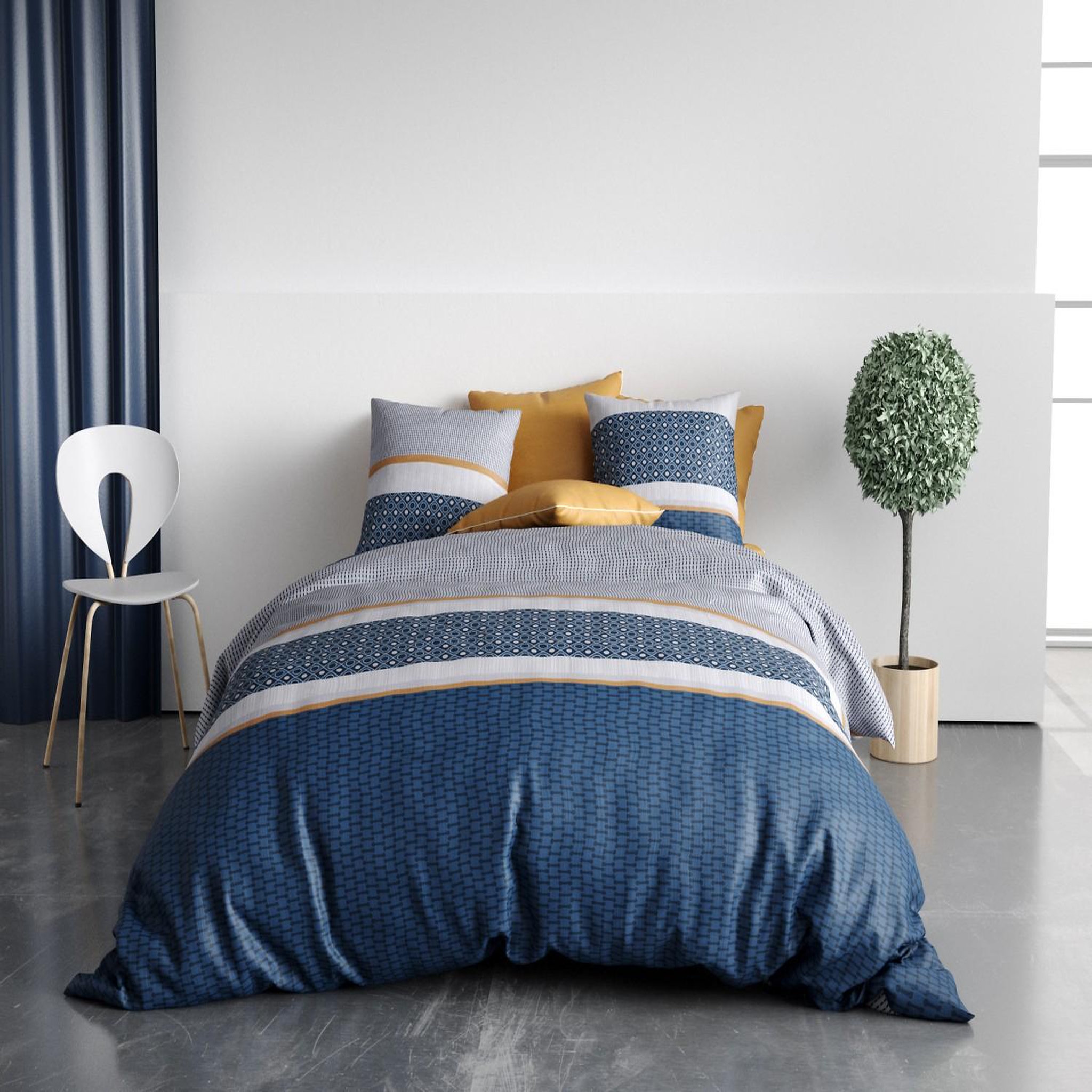 ATELIER DU COTON Parure housse de couette 100% coton 57 fils zante. Coloris disponibles : Bleu