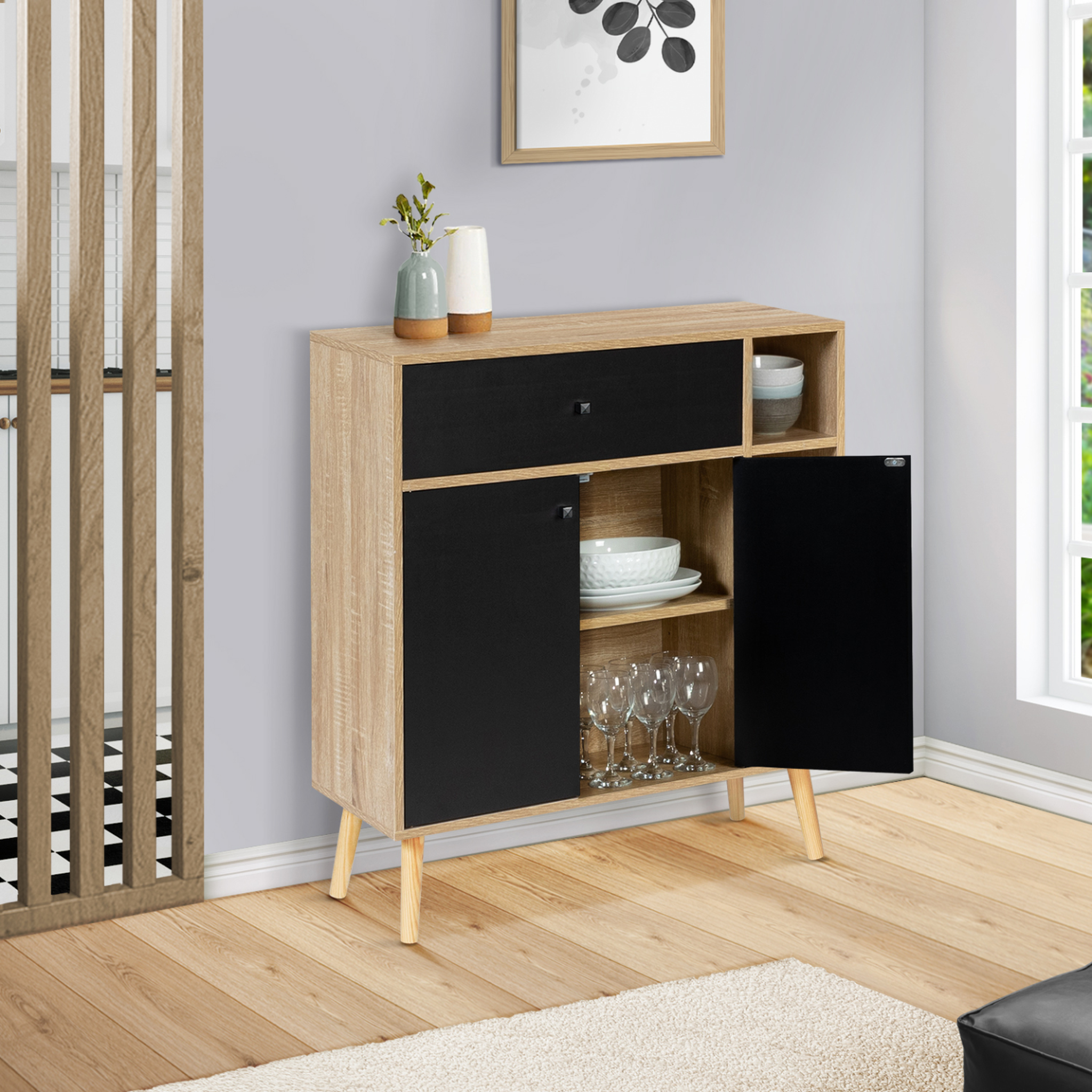 Voir la diapositive 2 : ID MARKET Meuble de rangement emmie scandinave bois et noir avec placard et tiroir