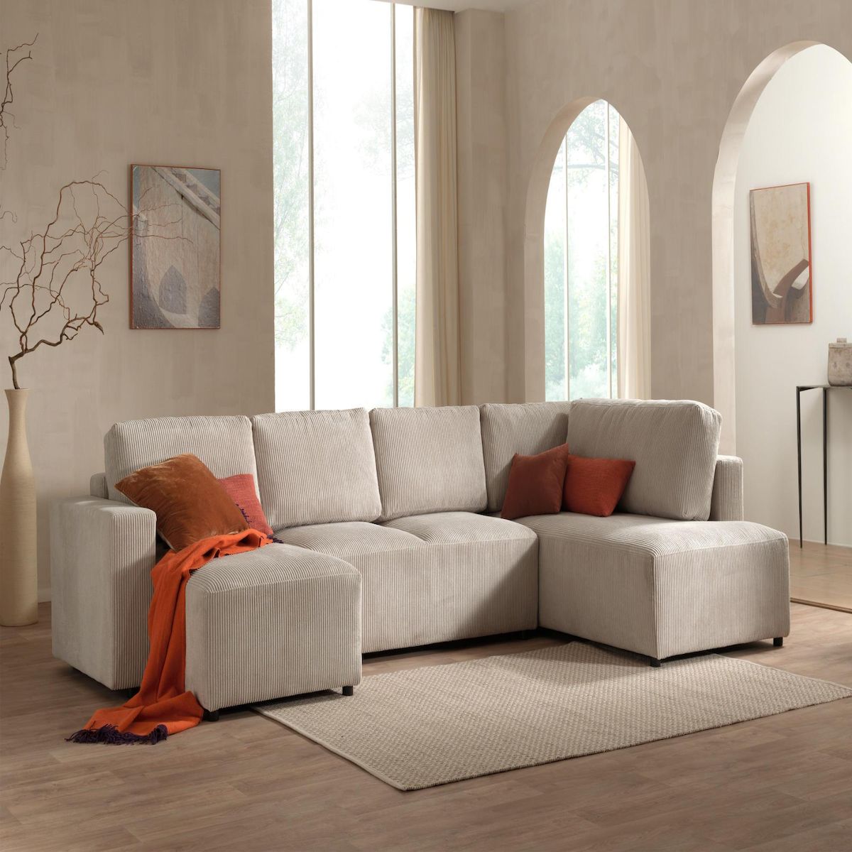 LISA DESIGN Livy - canapé panoramique convertible - avec coffre - en velours côtelé - 7 places - droit