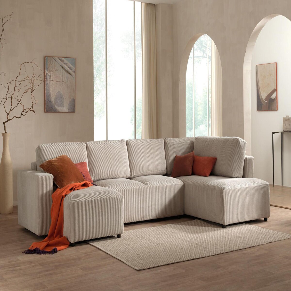 LISA DESIGN Livy - canapé panoramique convertible - avec coffre - en velours côtelé - 7 places - droit