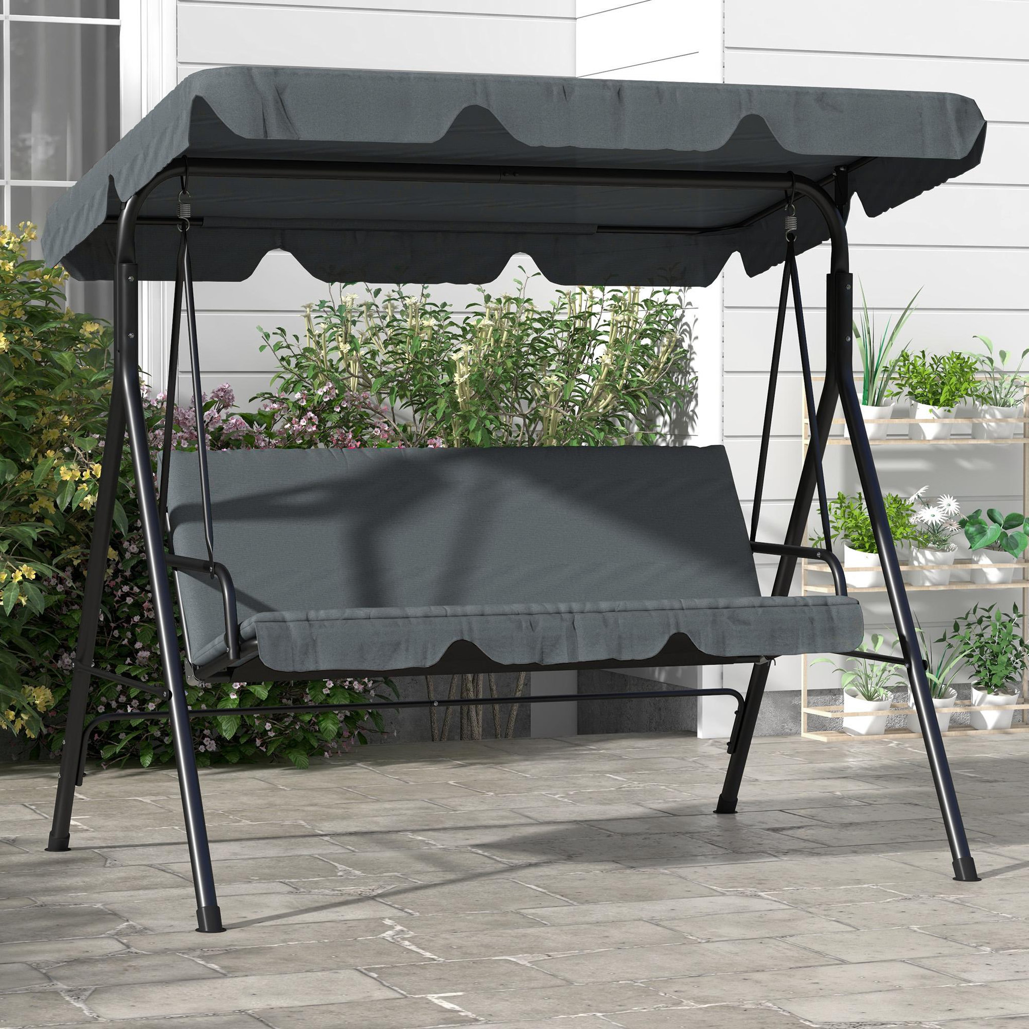 Voir la diapositive 4 : OUTSUNNY Balancelle de jardin 3 places toit réglable acier polyester gris