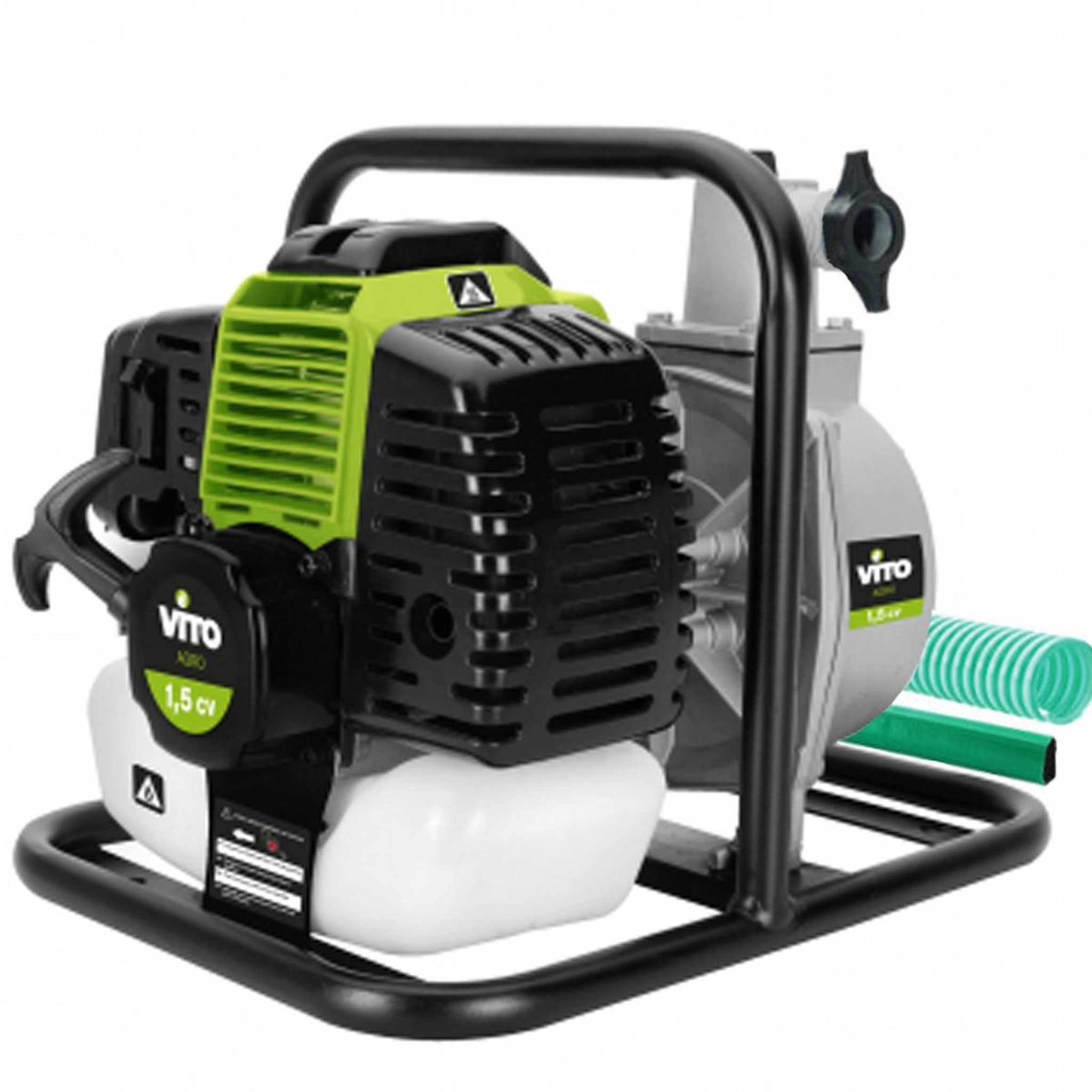 Voir la diapositive 2 : VITO Garden Pompe à eau thermique 43 cm3 raccords 50mm débit 6500 l/h eaux usées kit de10m tuyaux inclus  vito