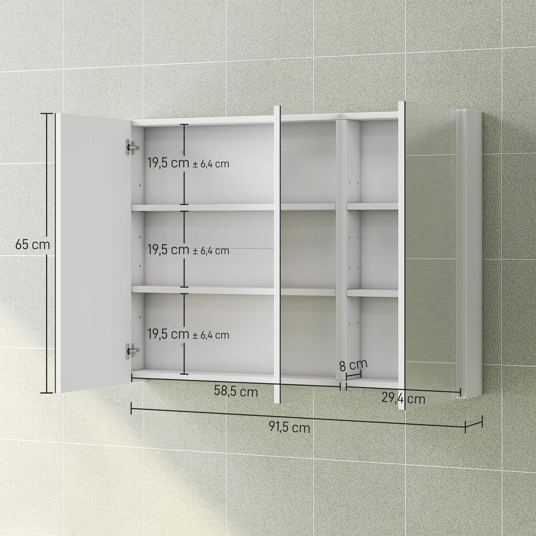 Voir la diapositive 3 : HOMCOM Armoire miroir murale salle de bain design 3 portes 4 étagères  91 x 11 x 65 cm blanc