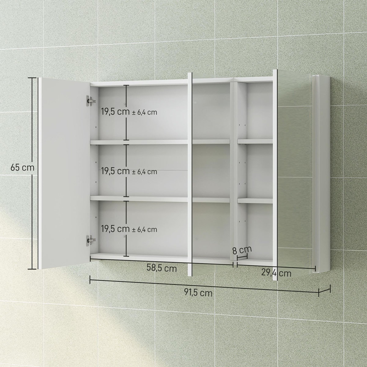 HOMCOM Armoire miroir murale salle de bain design 3 portes 4 étagères  91 x 11 x 65 cm blanc