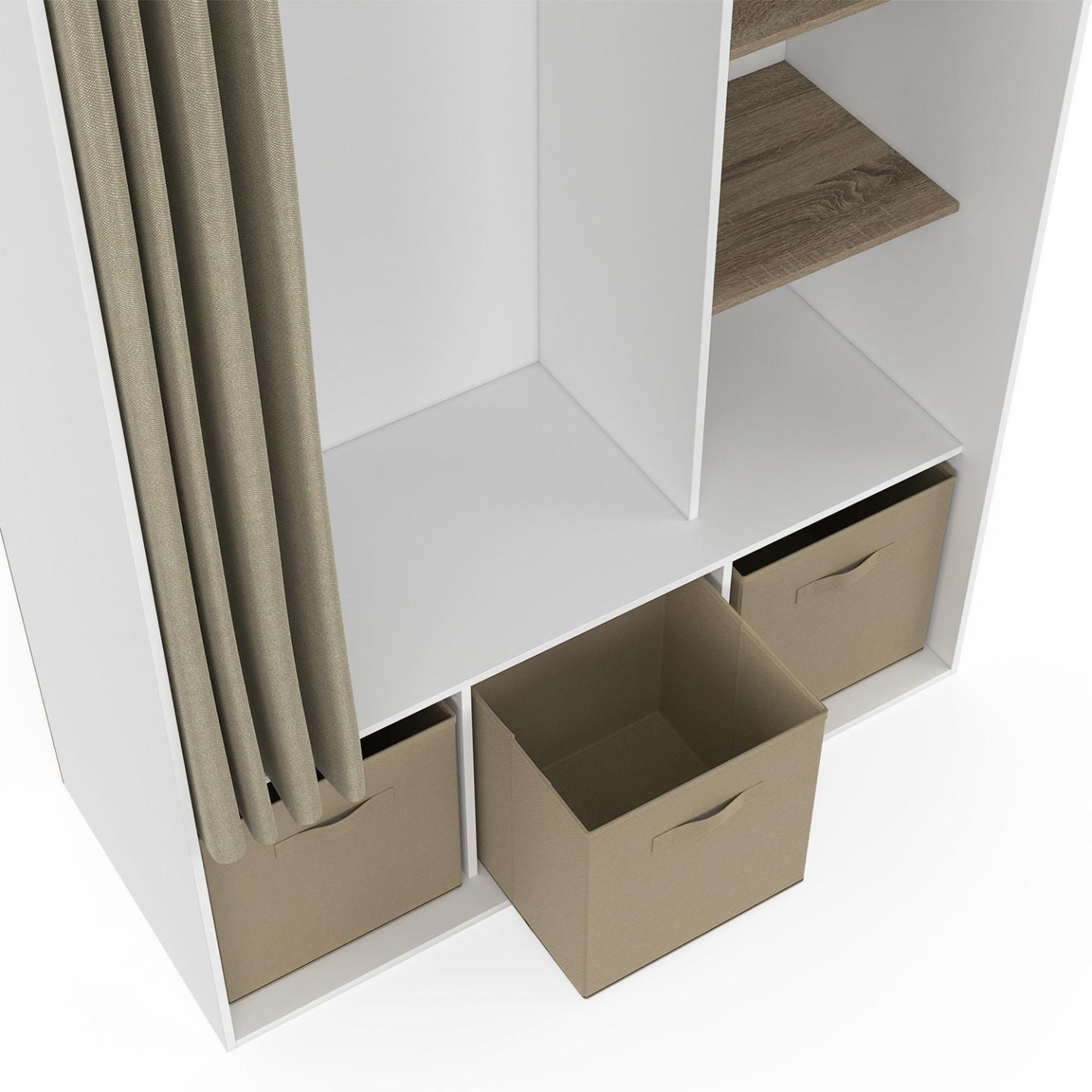 Voir la diapositive 5 : ID MARKET Dressing penderie diane 105 x 45 x 167 cm blanc avec étagères + boites de rangement + rideau taupe