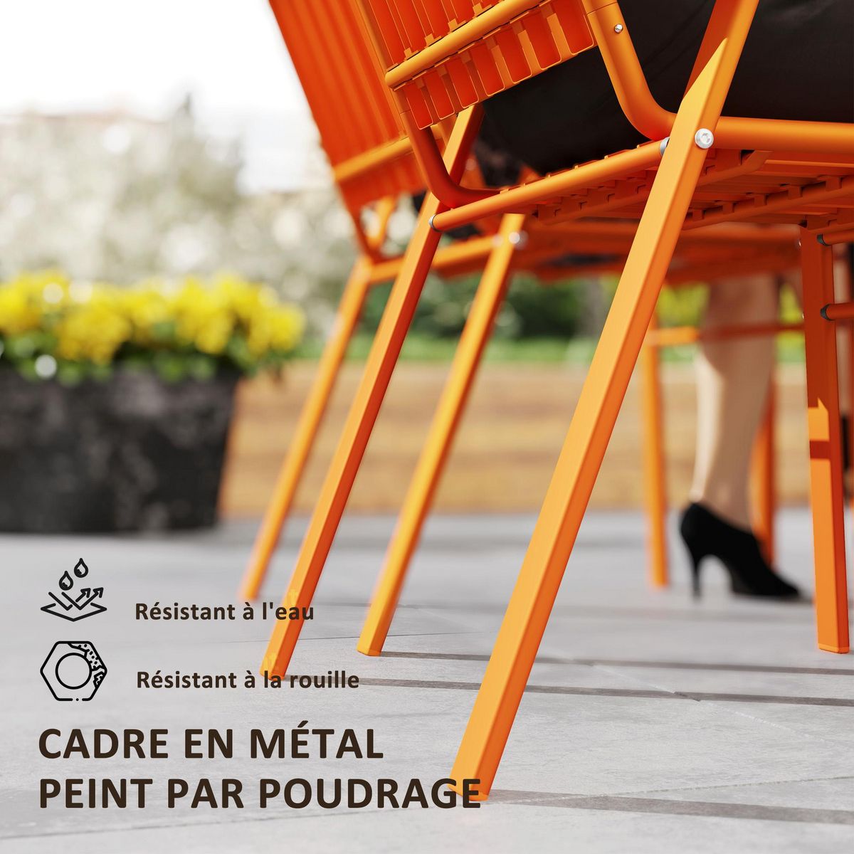 OUTSUNNY Lot de 4 chaises de jardin empilables design néo-rétro avec hauts dossiers accoudoirs acier époxy orange