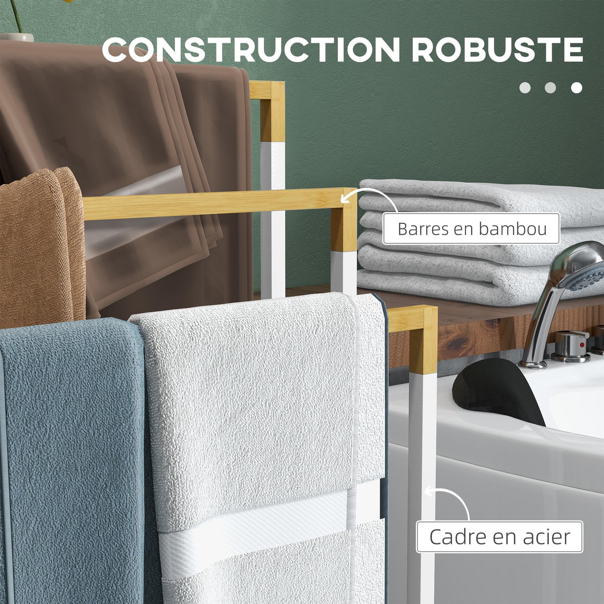 Voir la diapositive 6 : KLEANKIN Porte-serviette autoportant 3 barres - dim. 45l x 22l x 86h cm - bois bambou acier blanc
