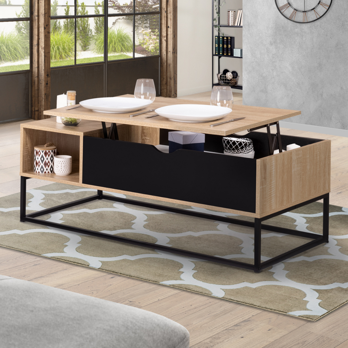 ID MARKET Table basse plateau relevable BOSTON avec rangements design industriel