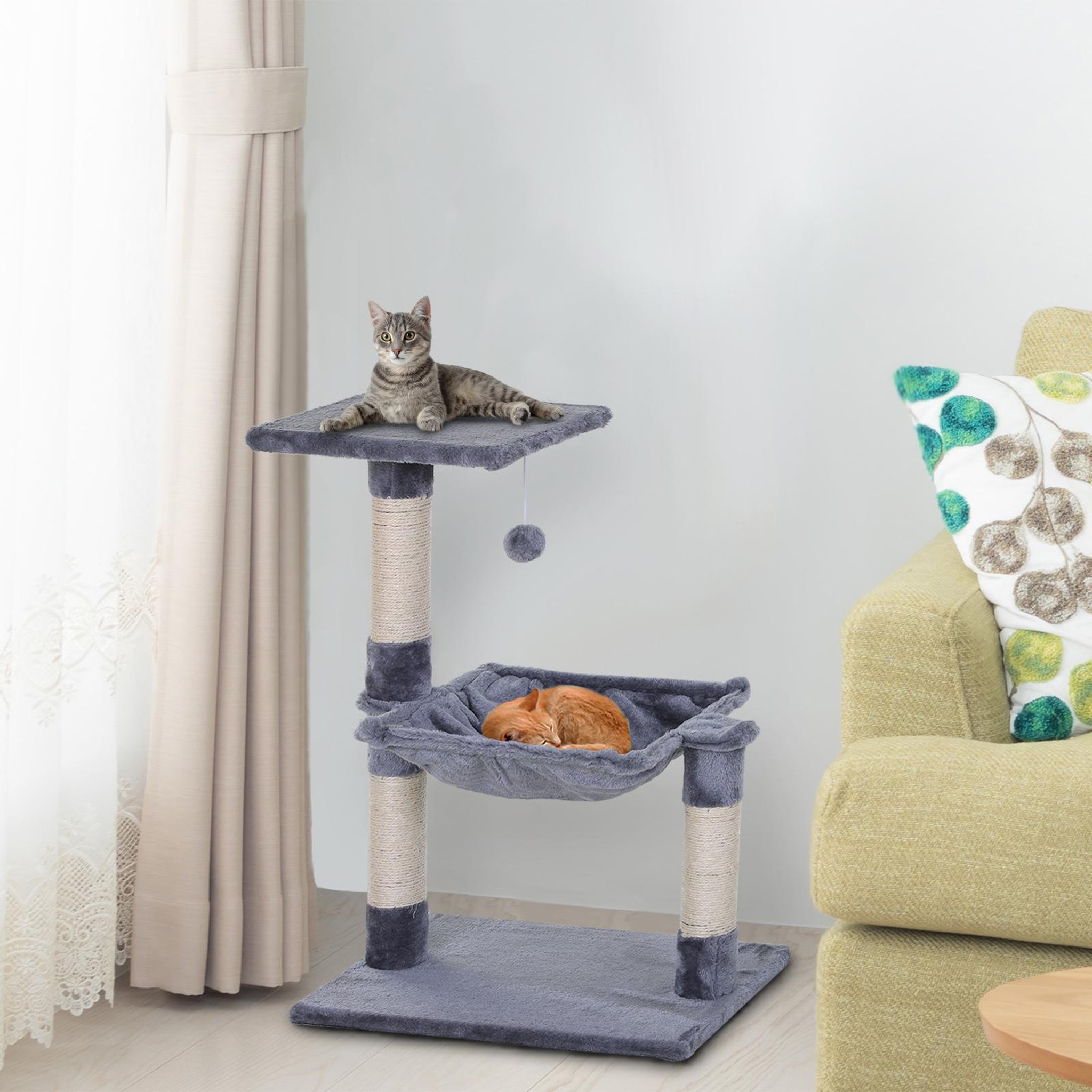 Voir la diapositive 2 : PAWHUT Arbre à chat 3 griffoirs grattoirs sisal naturel plateforme hamac et boule suspendue dim. 50l x 36l x 70h cm peluche haute densité 220 g/m² gris
