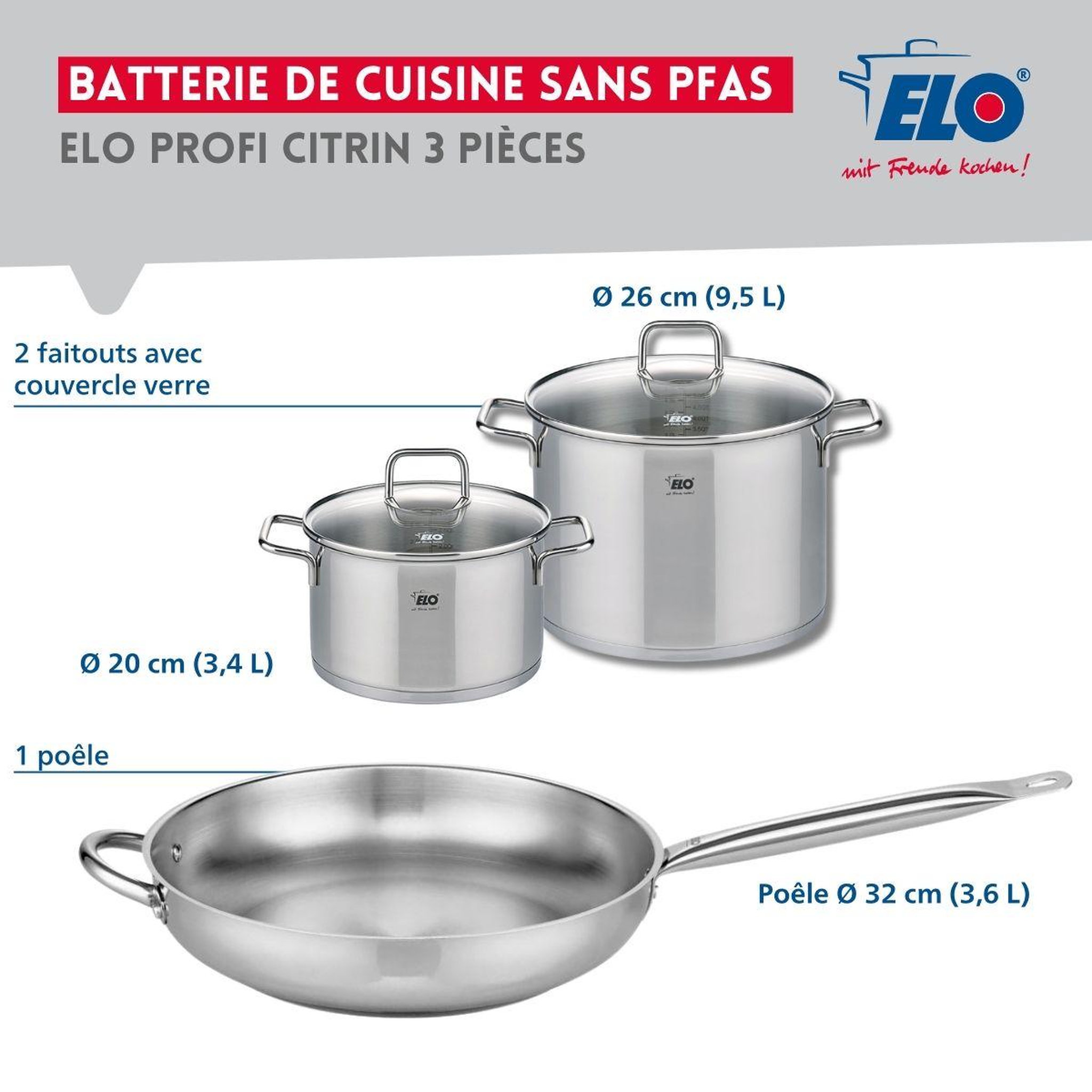 Voir la diapositive 2 : ELO Ensemble de 1 poêle de cuisson 32 cm et 2 faitouts 20 et 26 cm elo profi citrin