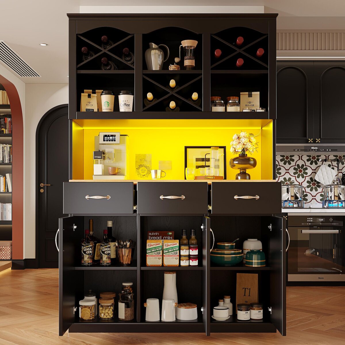 MERAX Buffet de cuisine 3 portes 3 tiroirs - 120 cm noir led mdf