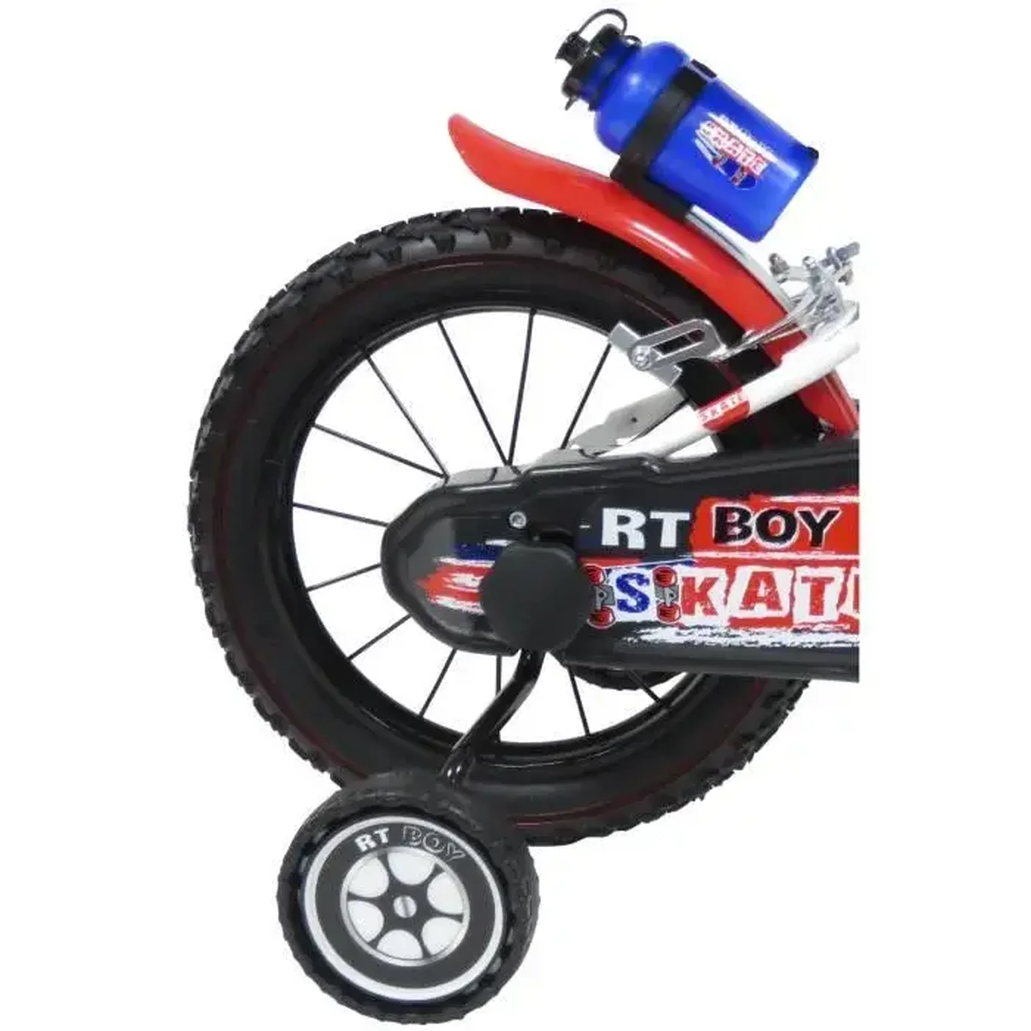 Voir la diapositive 4 : Vélo enfant 16'' - Modèle Garçon   Skate  pour enfant de 105 à 120 cm avec stabilisateurs - Plaque décorative avant - Porte bidon - 2 freins & Pneus gonflables