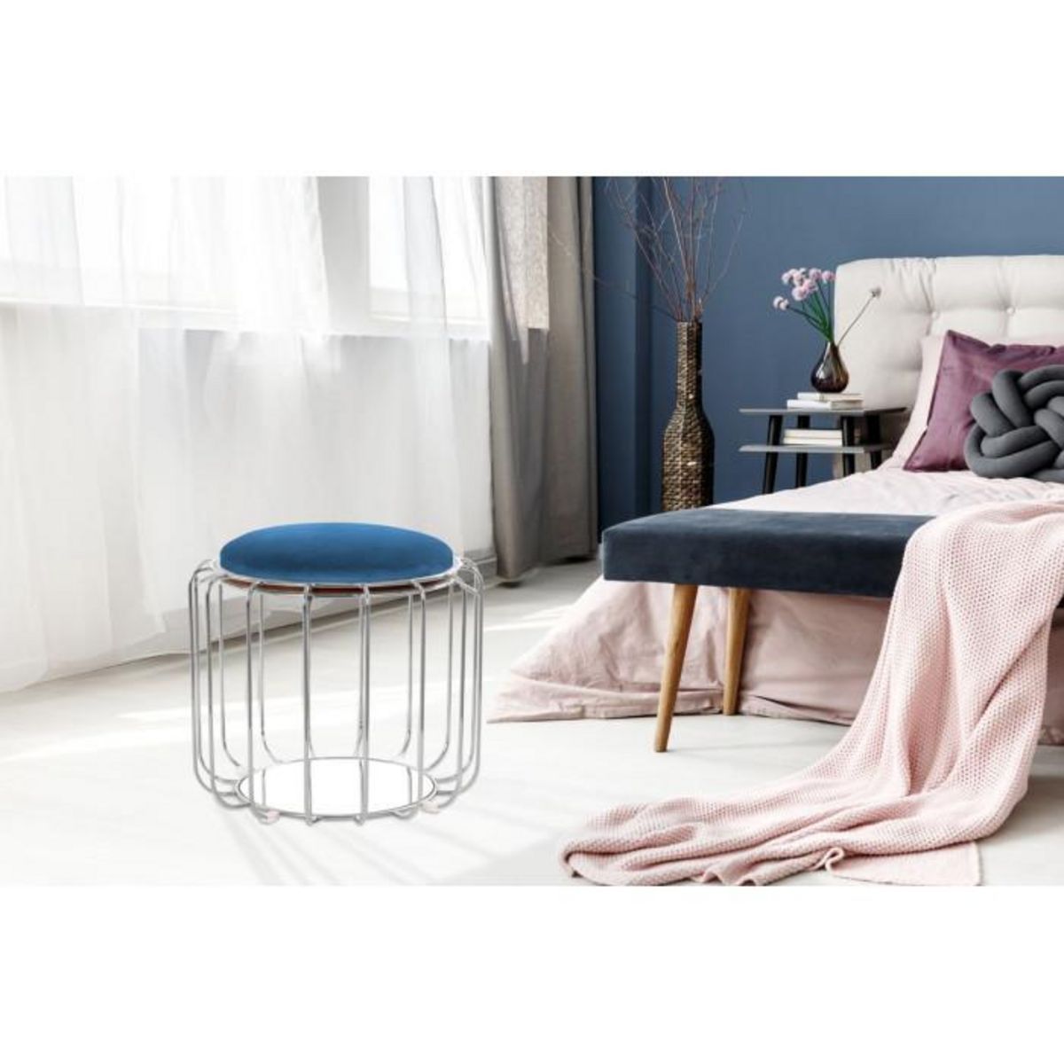 Paris Prix Pouf & Table d'Appoint  Comfortable  50cm Bleu & Argent