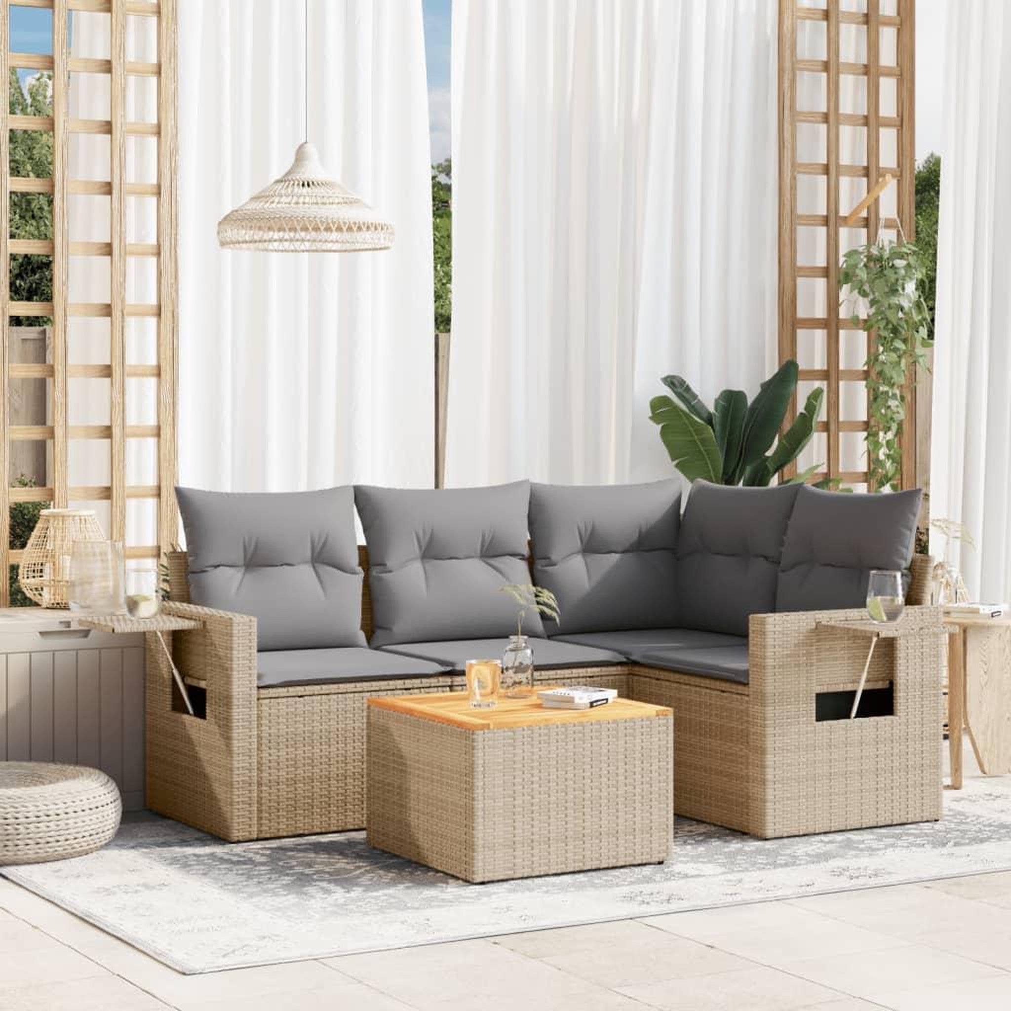 VIDAXL Salon de jardin avec coussins 5pcs melange beige resine tressee