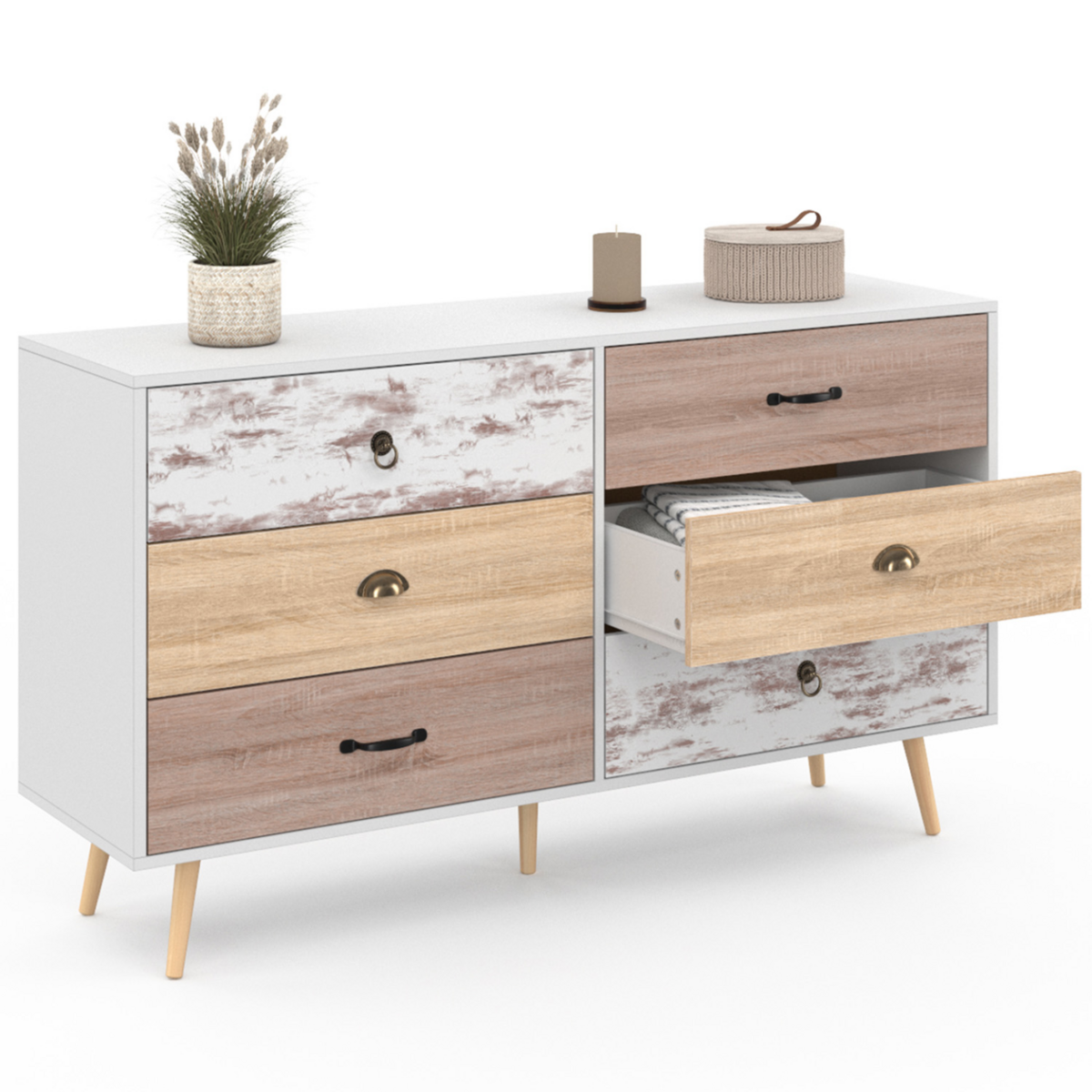ID MARKET Commode 6 tiroirs BAHIA XXL 140 cm scandinave