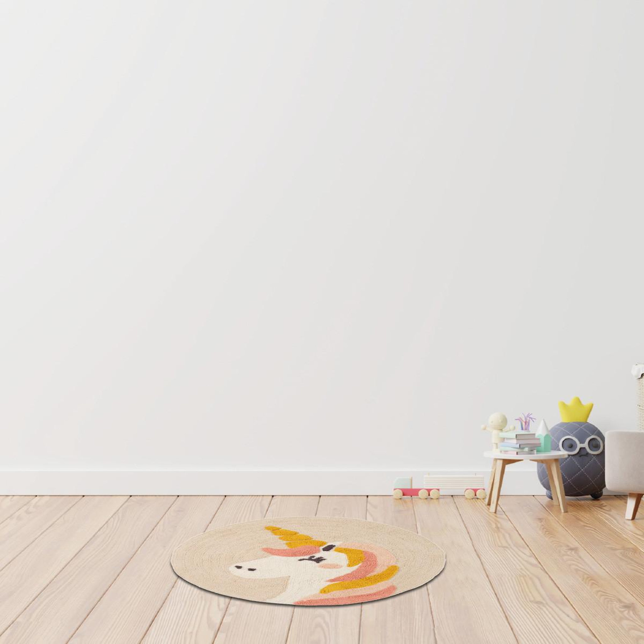 Voir la diapositive 2 : GUY LEVASSEUR Tapis enfant rond licorne en coton 70x70cm