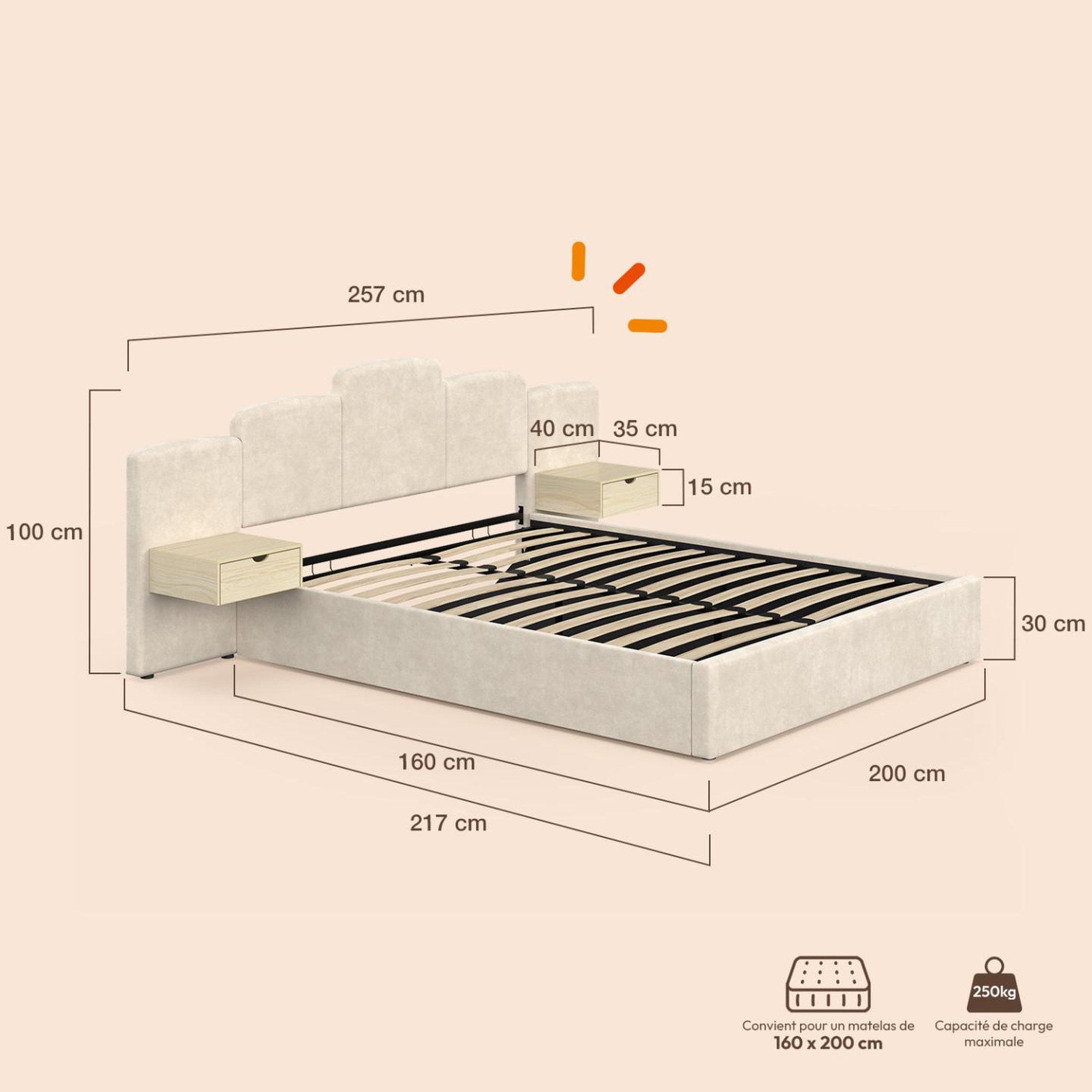 Voir la diapositive 4 : ID MARKET Lit coffre double CLOUD avec tête de lit matelassée + tables de chevet intégrées et sommier 160 x 200 cm velours beige