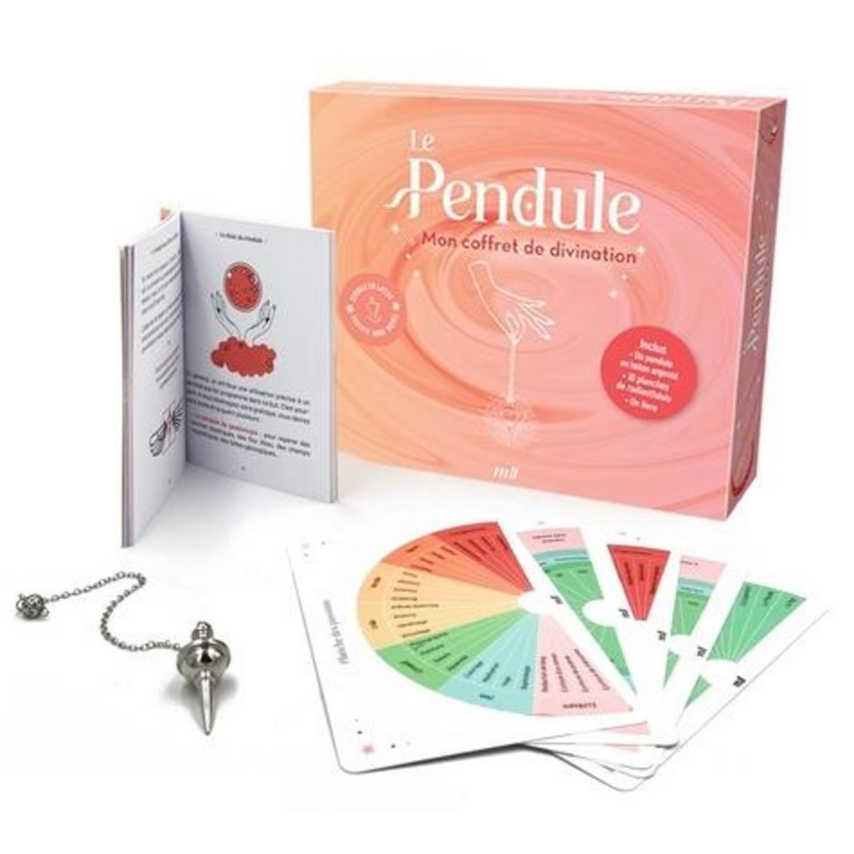 LE PENDULE : MON COFFRET DIVINATION. AVEC UN PENDULE EN LAITON ARGENTE, UN LIVRE ET 10 PLANCHES DE RADIESTHESIE, Merci les livres