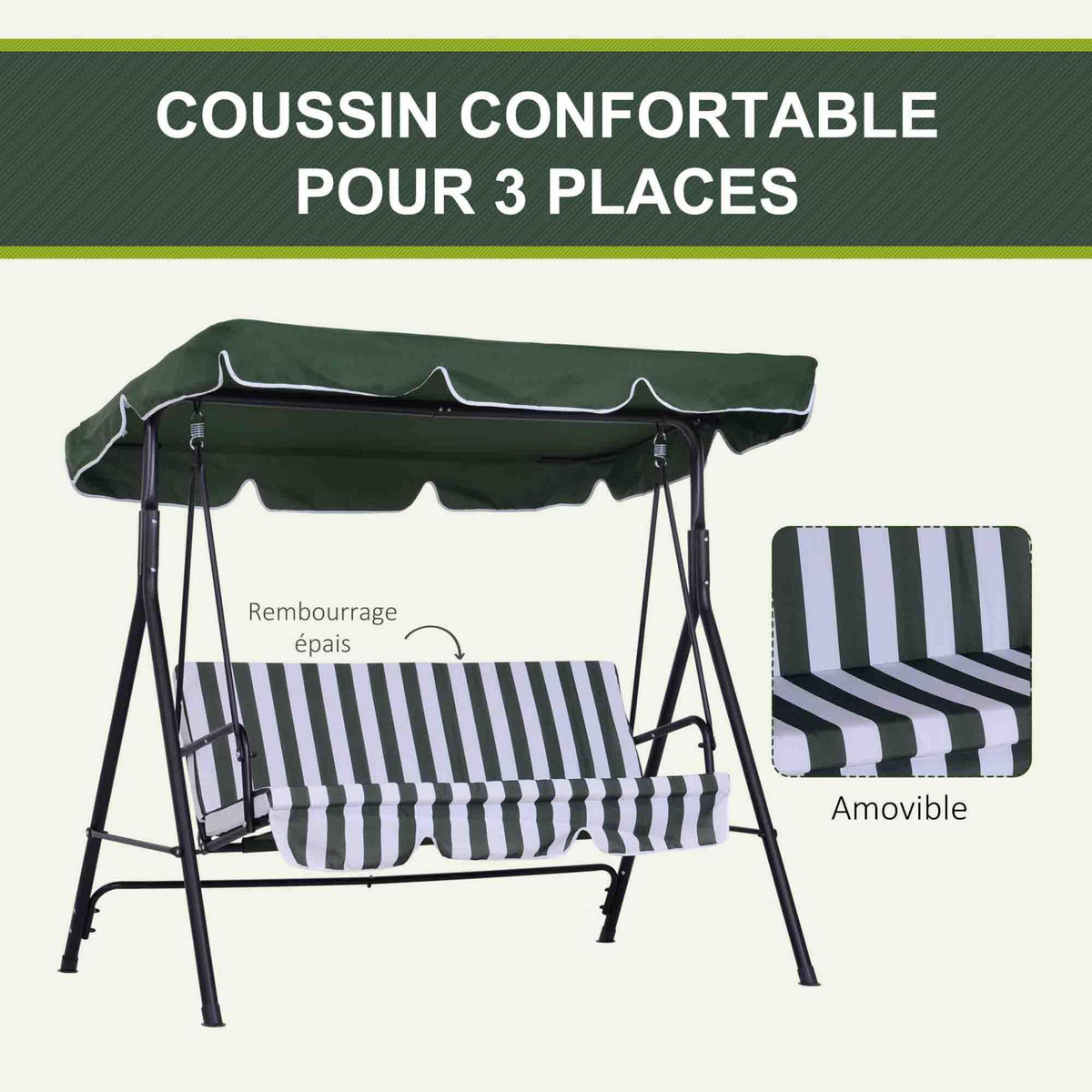 OUTSUNNY Balancelle de jardin 3 places toit réglable coussins assise dossier acier polyester vert blanc rayé