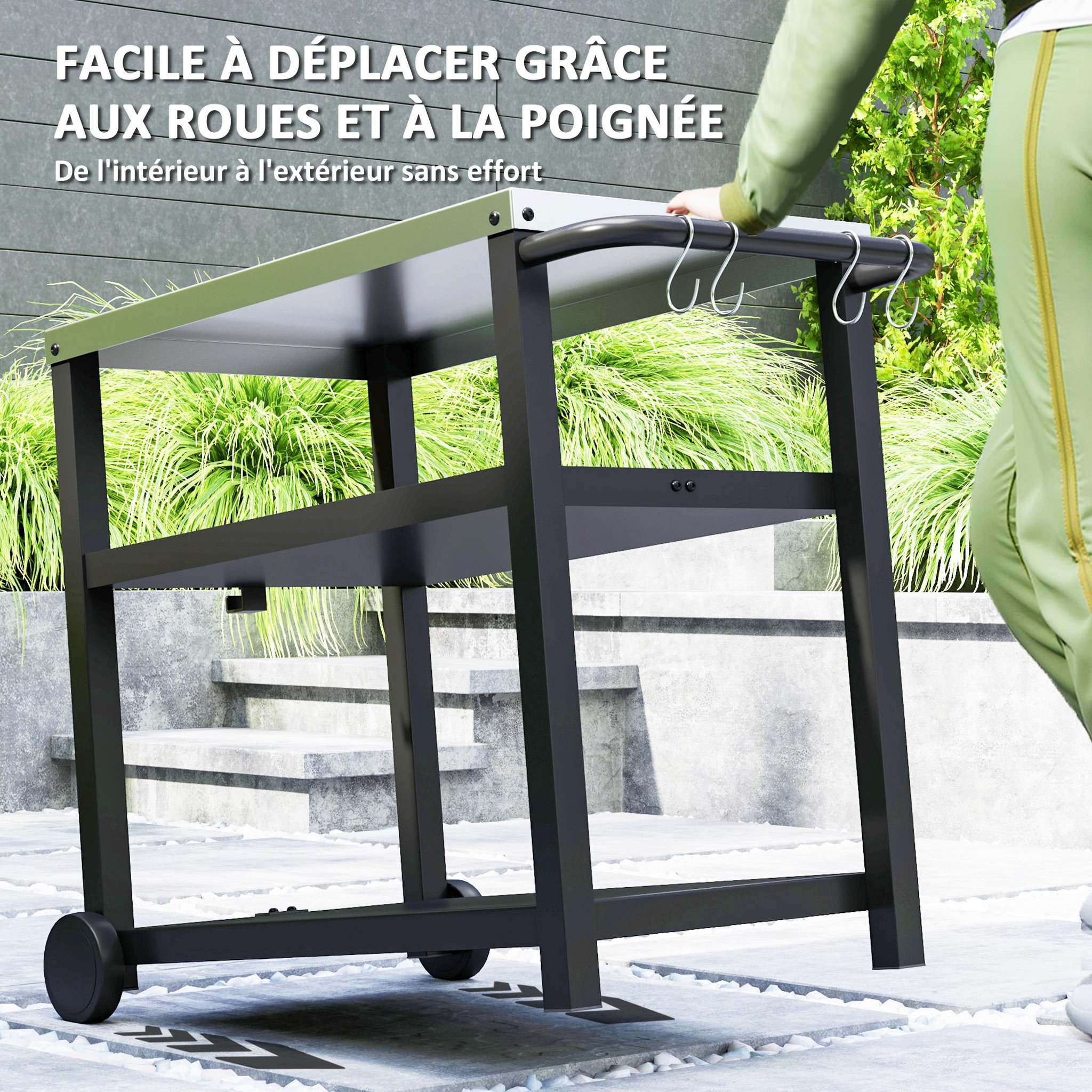 Voir la diapositive 6 : OUTSUNNY Desserte jardin - chariot pour plancha barbecue - 2 étagères, 4 + 1 crochets - métal gris plateau acier inox