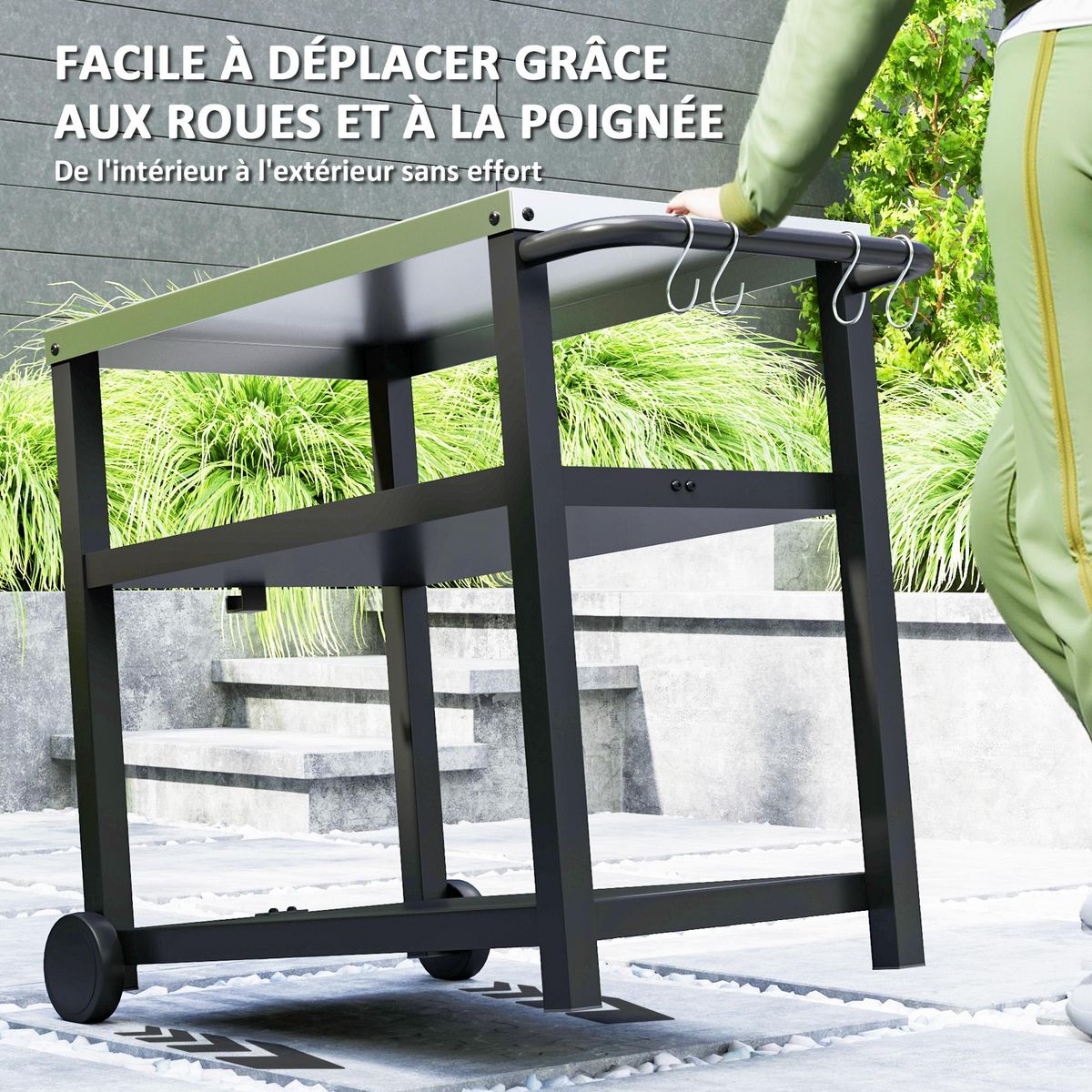 OUTSUNNY Desserte jardin - chariot pour plancha barbecue - 2 étagères, 4 + 1 crochets - métal gris plateau acier inox