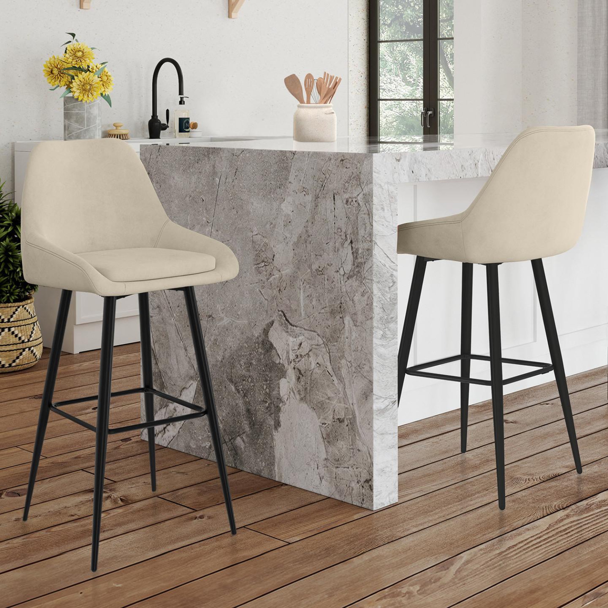 Voir la diapositive 2 : ID MARKET Lot de 2 tabourets de bar thalya en velours beige avec demi-accoudoirs