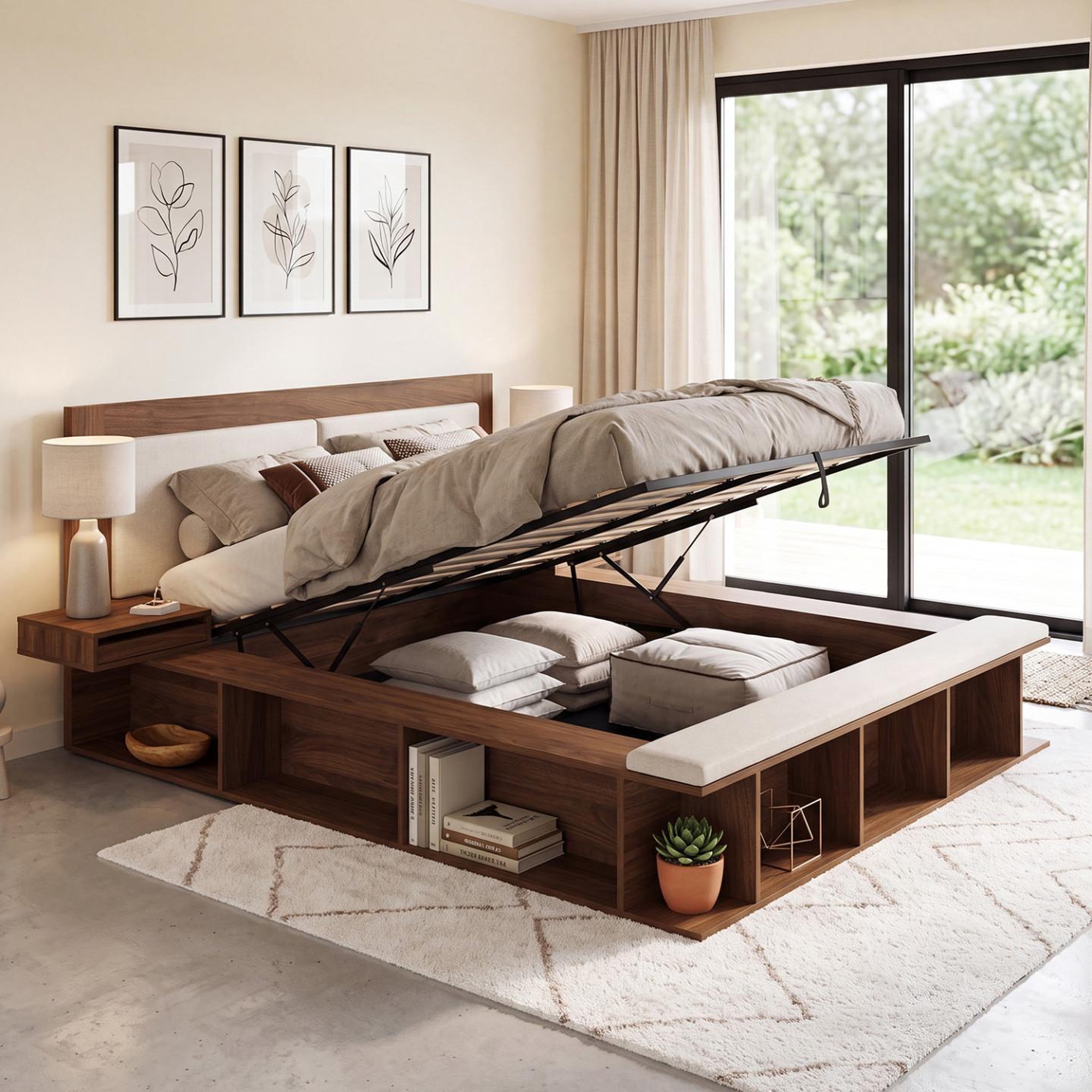 Voir la diapositive 2 : ID MARKET Lit coffre double KIRO tête de lit matelassée, tables de chevet et sommier 140 x 190 cm effet noyer et tissu beige