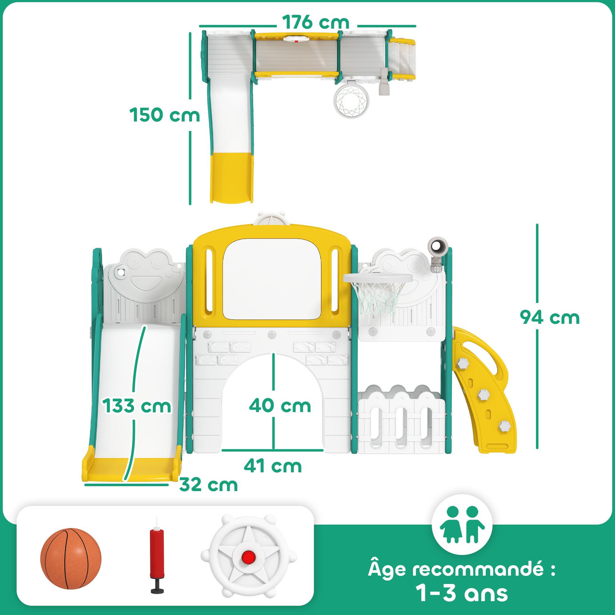 Voir la diapositive 3 : HOMCOM Portique aire de jeu enfant 7 en 1 HDPE blanc jaune vert