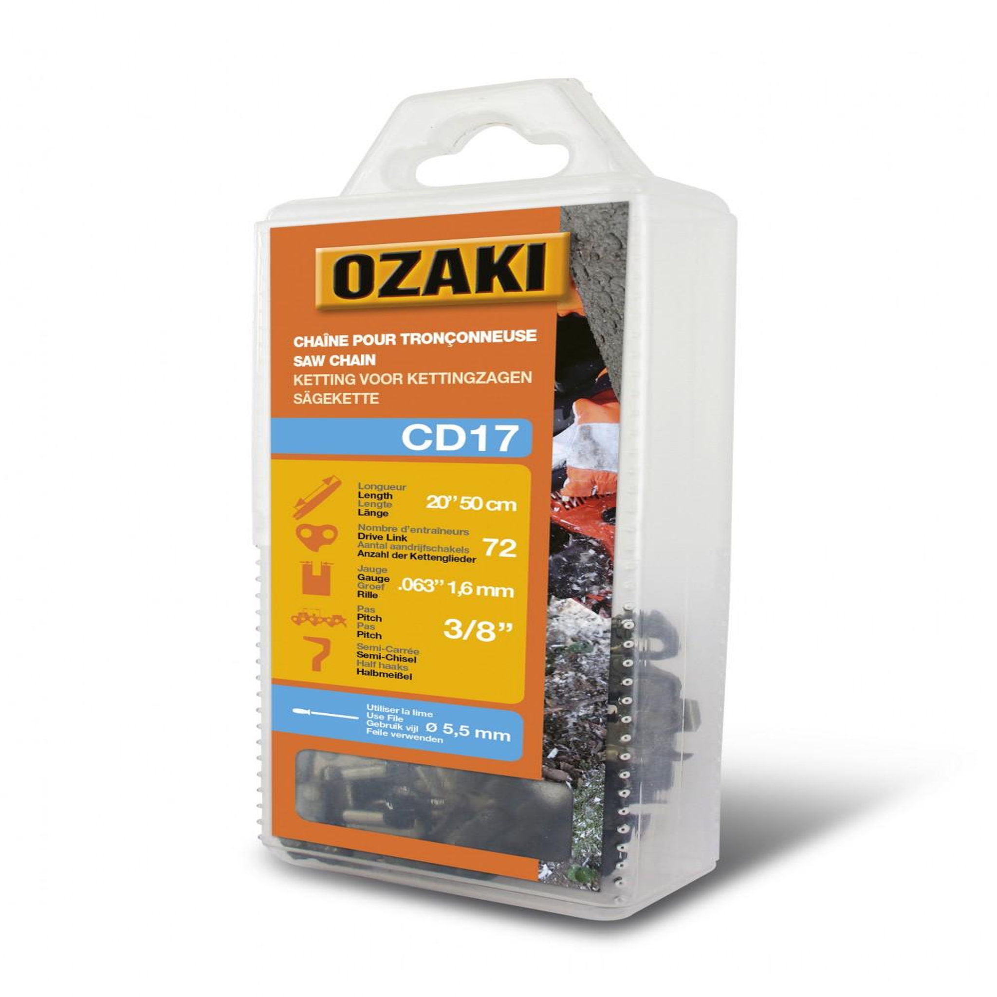 OzaKI Chaîne de tronçonneuse OZAKI semi carrée: .3/8  .063 (1,6mm) 72 entraîneurs