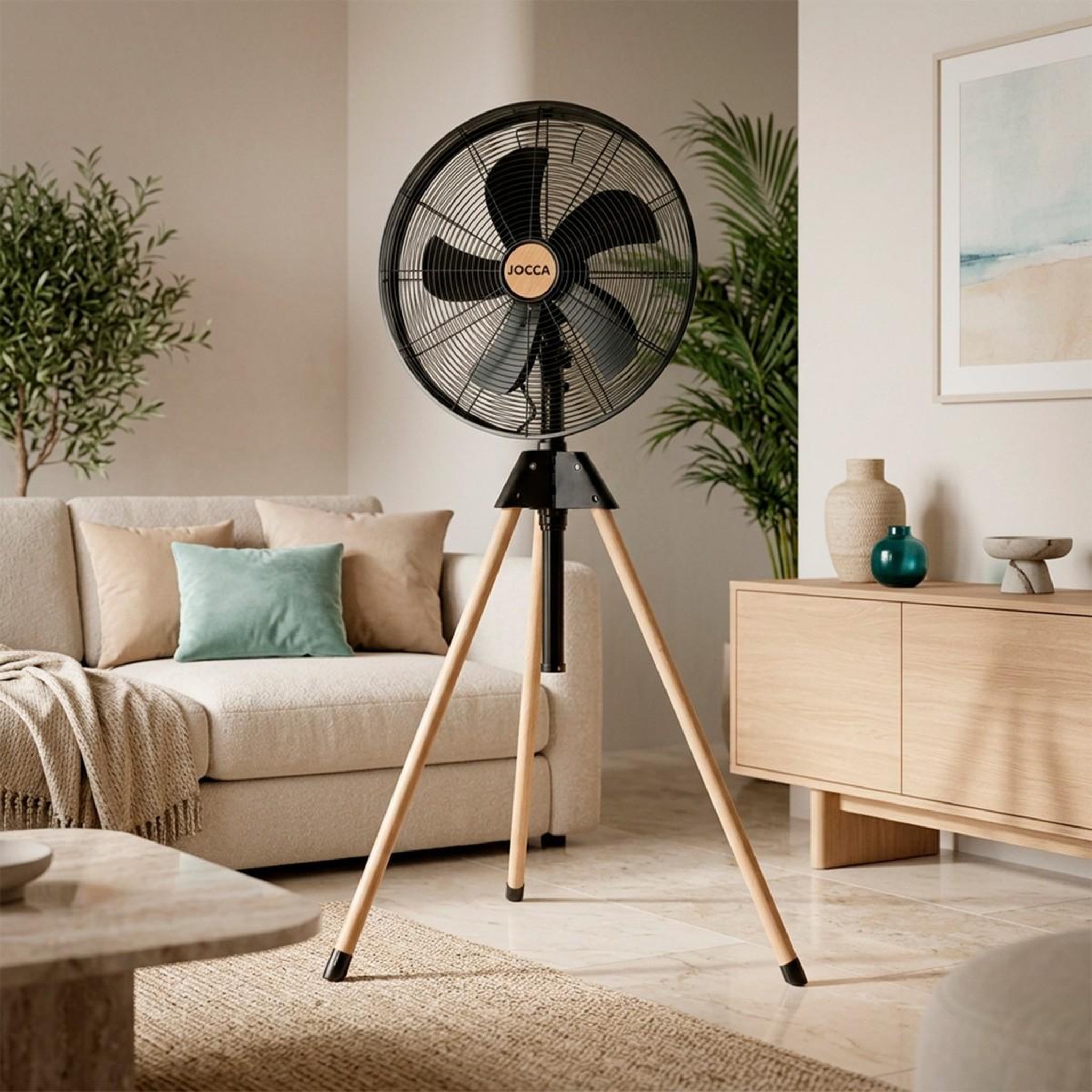 Voir la diapositive 3 : Jocca Ventilateur sur pied 50W Trépied Bois 5 Pales Ø40cm 3 Vitesses Oscillation Inclinaison & Hauteur Réglable 116 à 130 cm Jocca