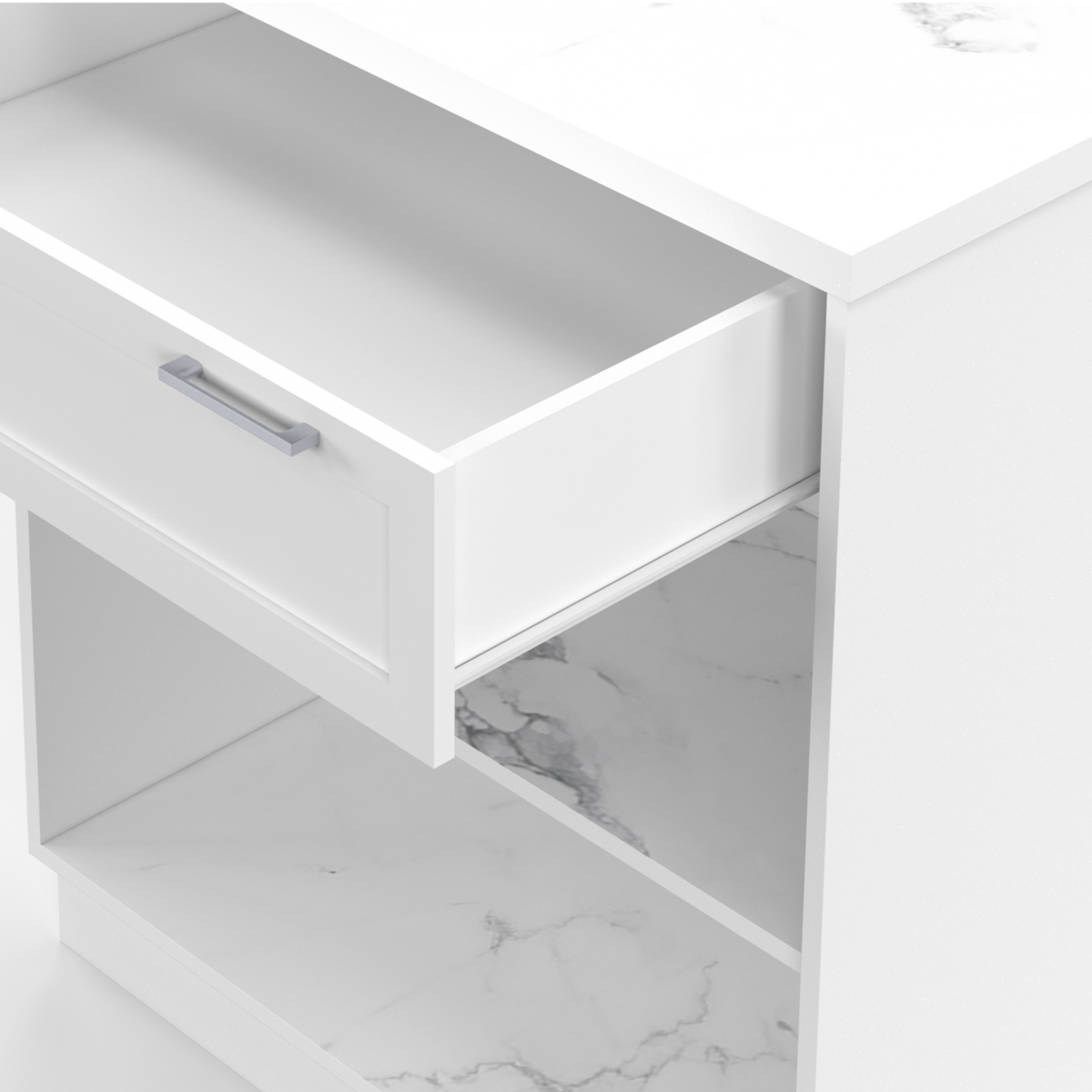 ID MARKET Ilot central mange-debout 4 personnes VITO 130 cm blanc et plateau marbre ALASKA