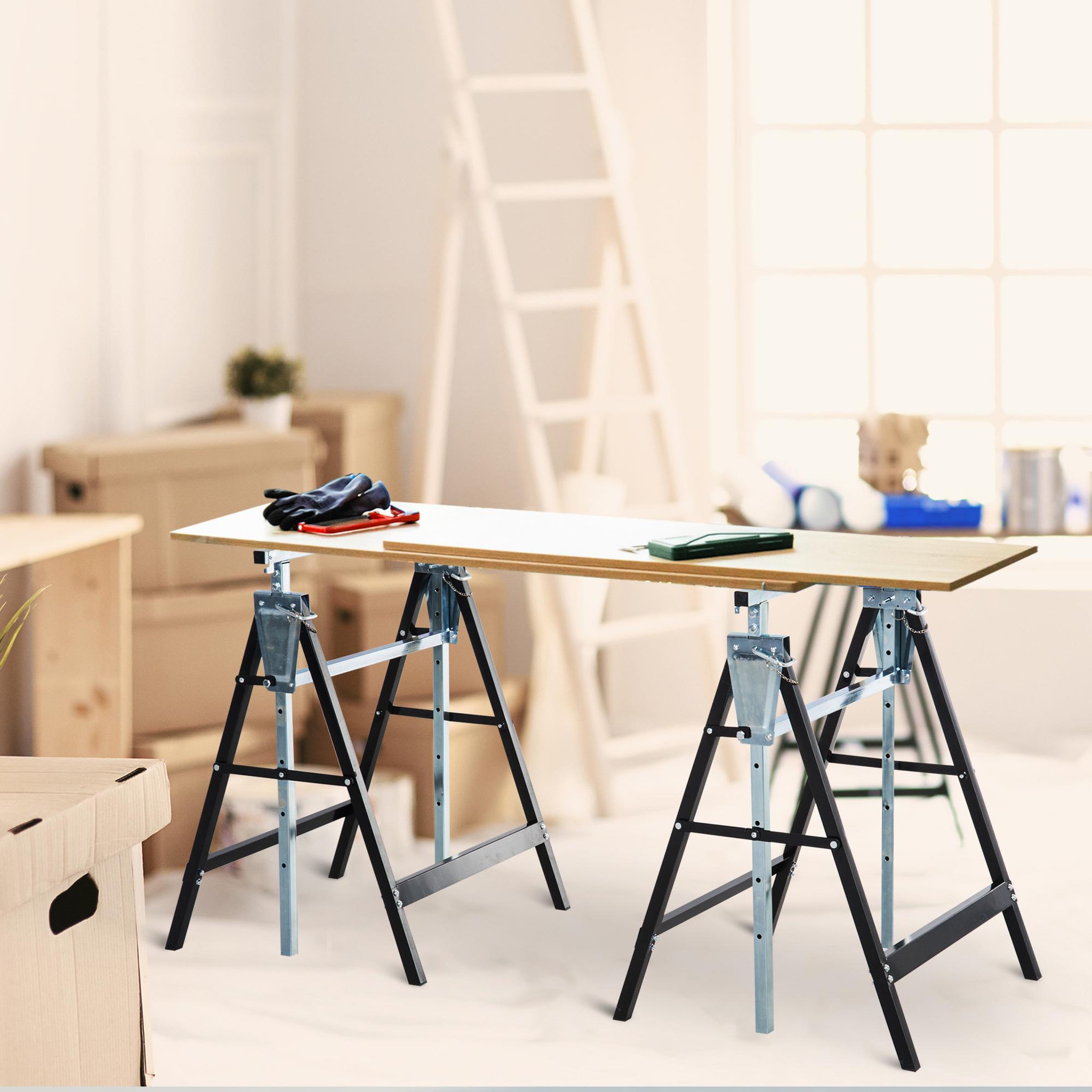 Voir la diapositive 2 : HOMCOM Lot de 2 tréteaux pliables télescopiques hauteur réglable 80-130 cm noir