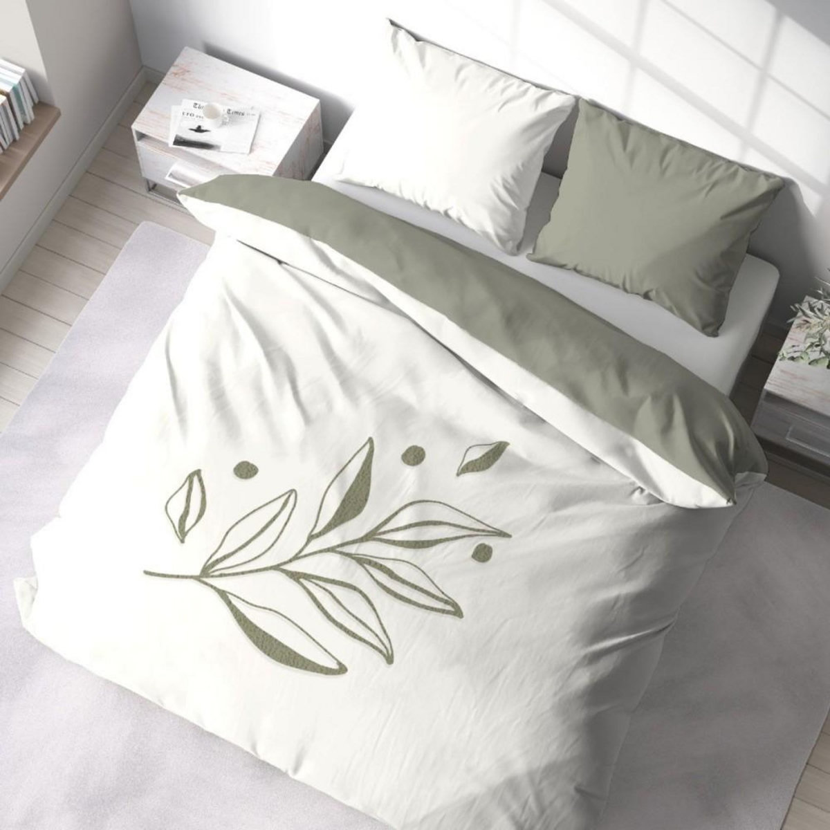 COTE DECO Housse de couette 240x220 + 2 taies HERBIER en coton lavé