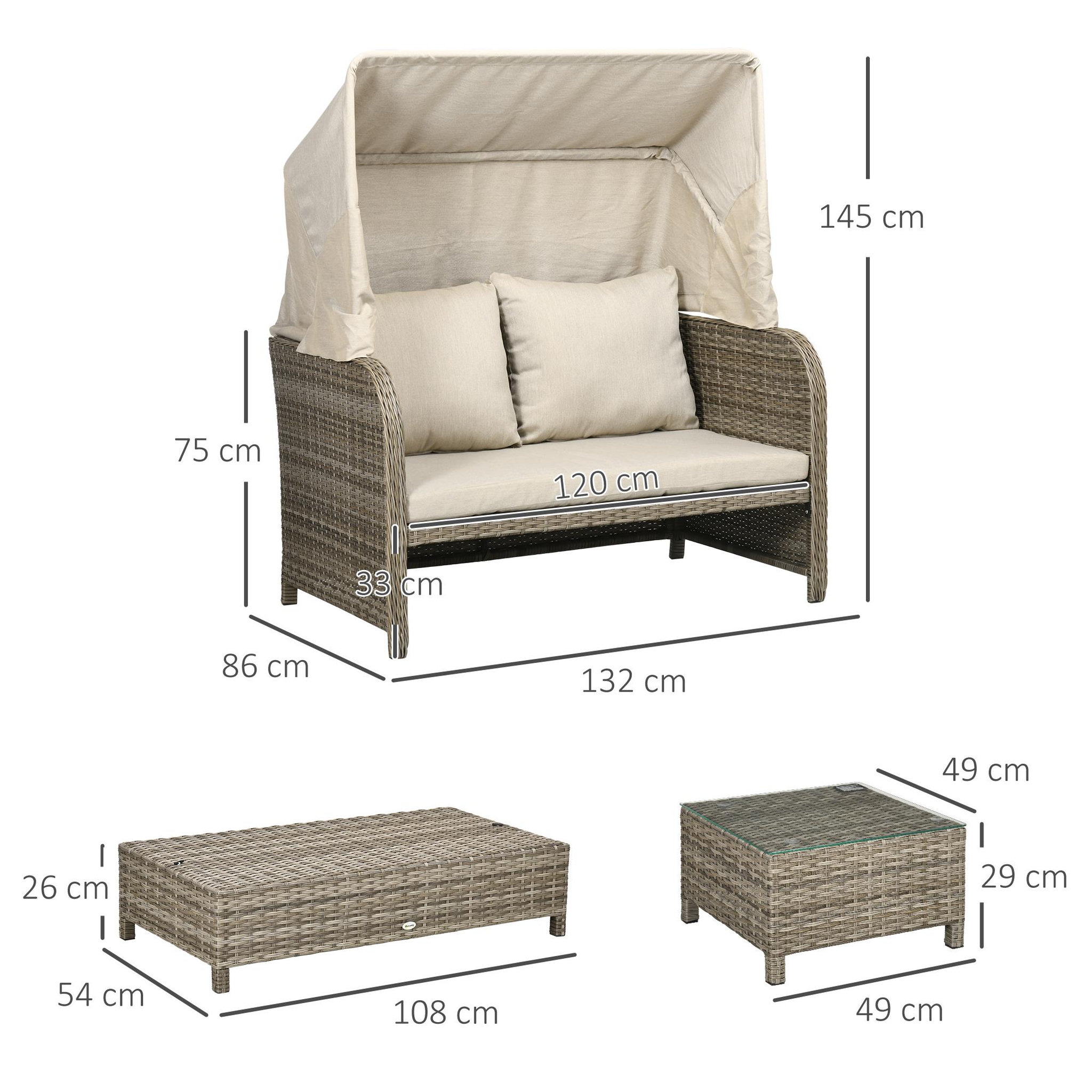 Voir la diapositive 3 : OUTSUNNY Ensemble salon de jardin 2 places 4 pcs - canapé, repose-pieds, 2 tables basses - coussins inclus - résine grise polyester kaki