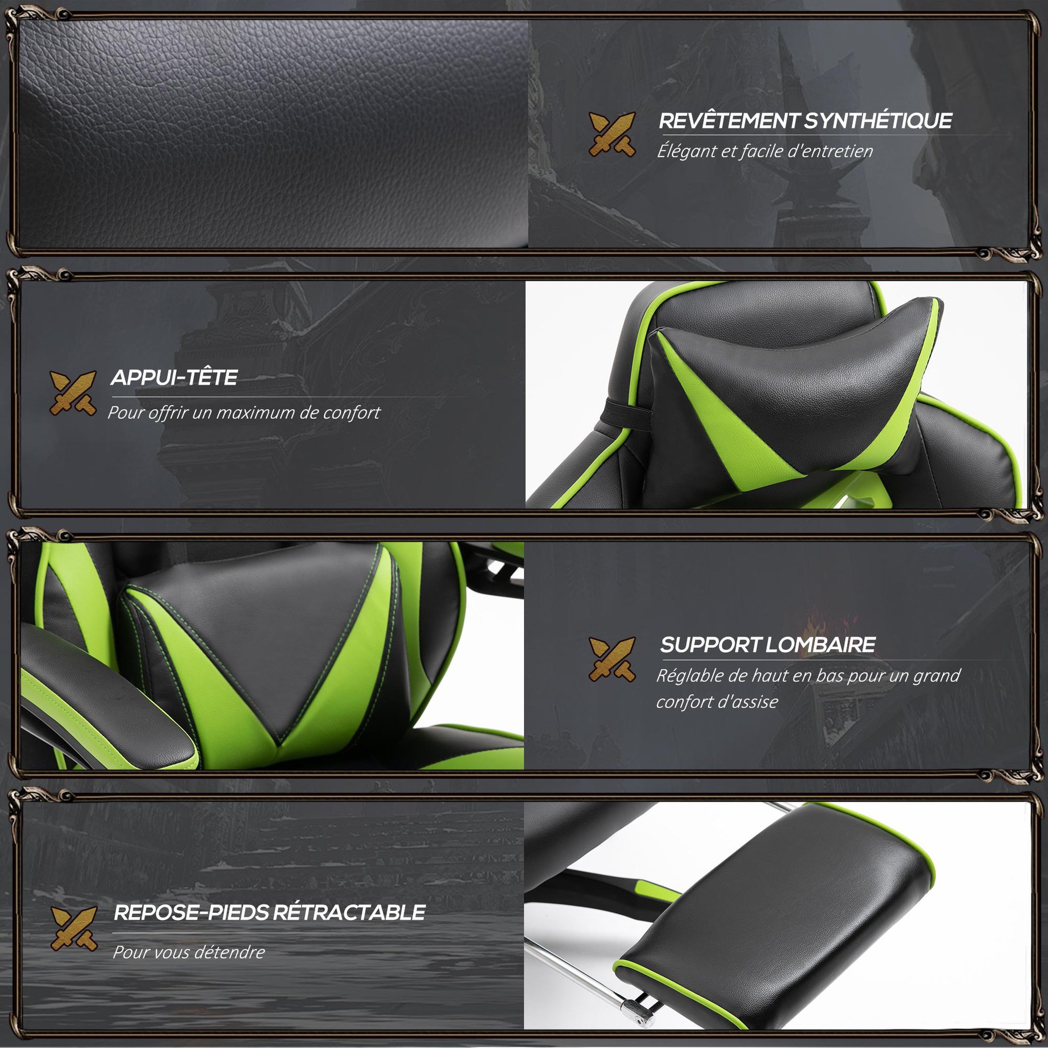 Voir la diapositive 6 : VINSETTO Vinsetto Fauteuil de bureau gamer style baquet racing - pivotant, inclinable - coussin lombaire, tétière, repose-pieds inclus - revêtement synthétique vert noir