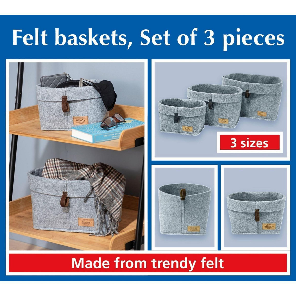 Wenko Lot de 3 Corbeilles feutre Feli - Gris