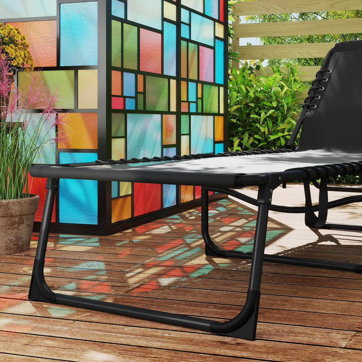 OUTSUNNY Bain de soleil transat pliable inclinable avec poignée, pochette rangement et matelas grand confort noir