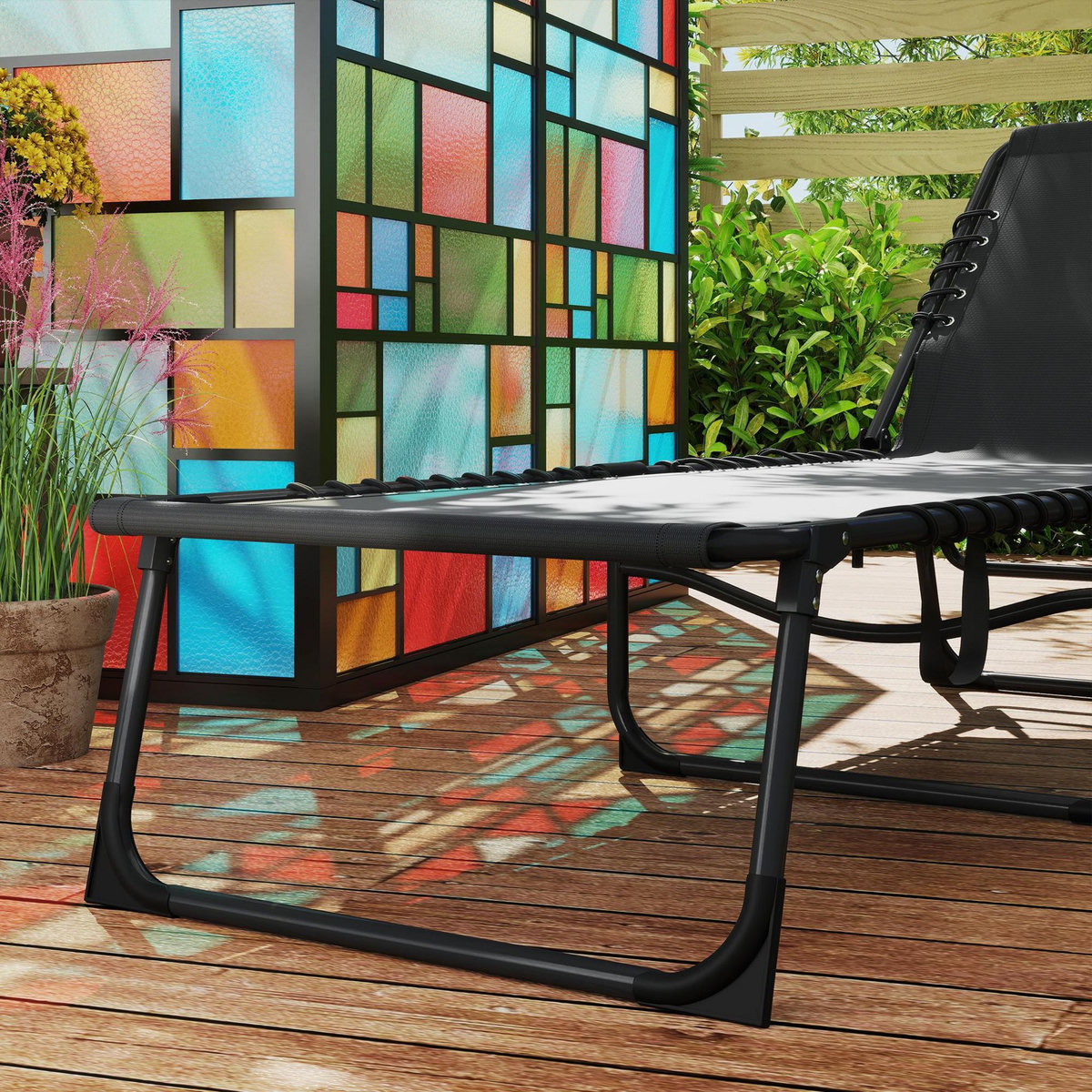 OUTSUNNY Bain de soleil transat pliable inclinable avec poignée, pochette rangement et matelas grand confort noir