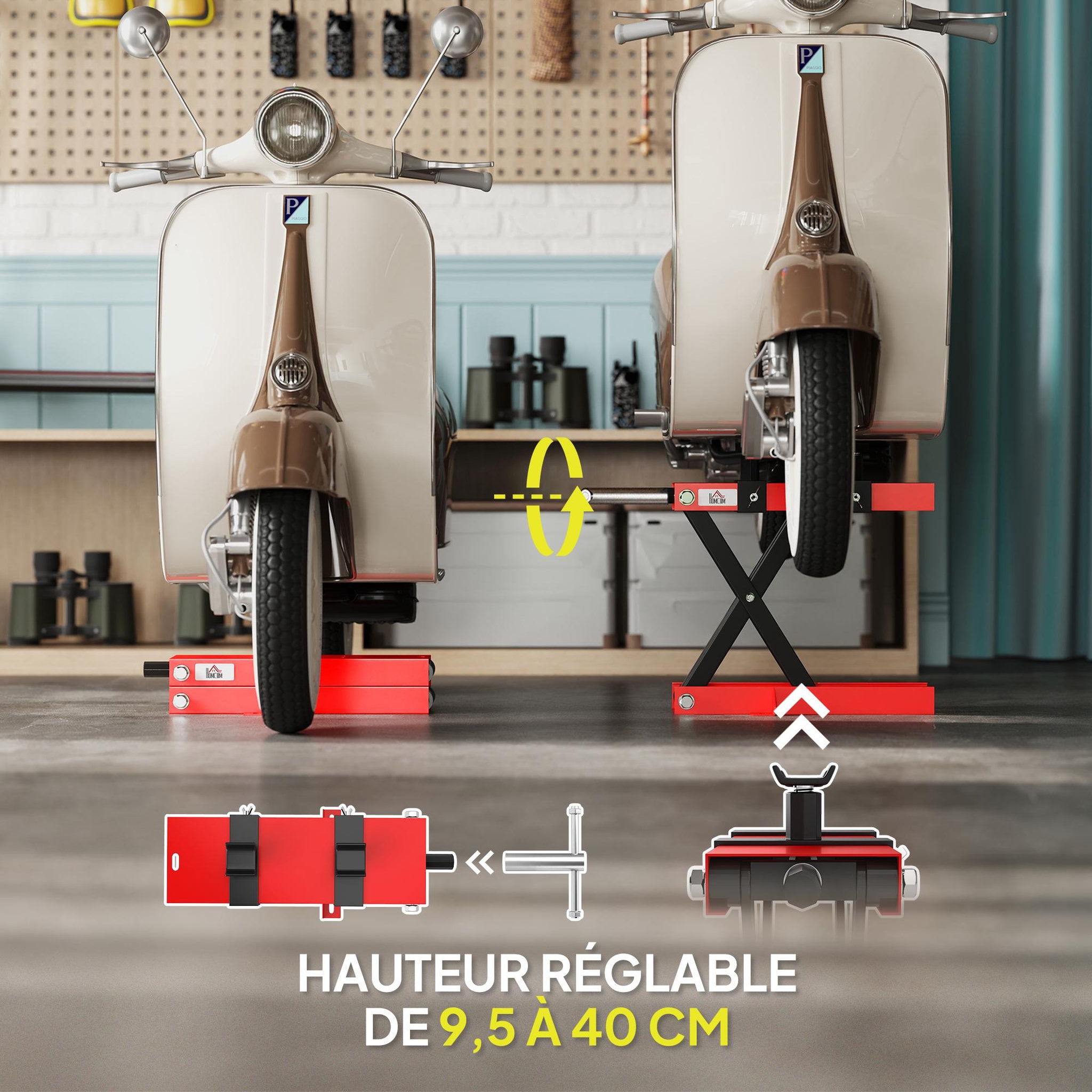 Voir la diapositive 5 : HOMCOM Support béquille de moto arrière lève moto arrière hauteur de levage 9,5-40 cm 500 Kg max. acier rouge noir
