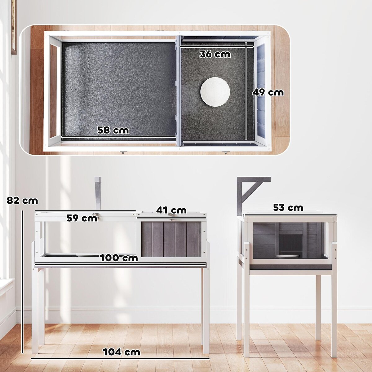 PAWHUT Terrarium maison tortue sur pied - niche, plateau déjection, support lampe - bois blanc gris