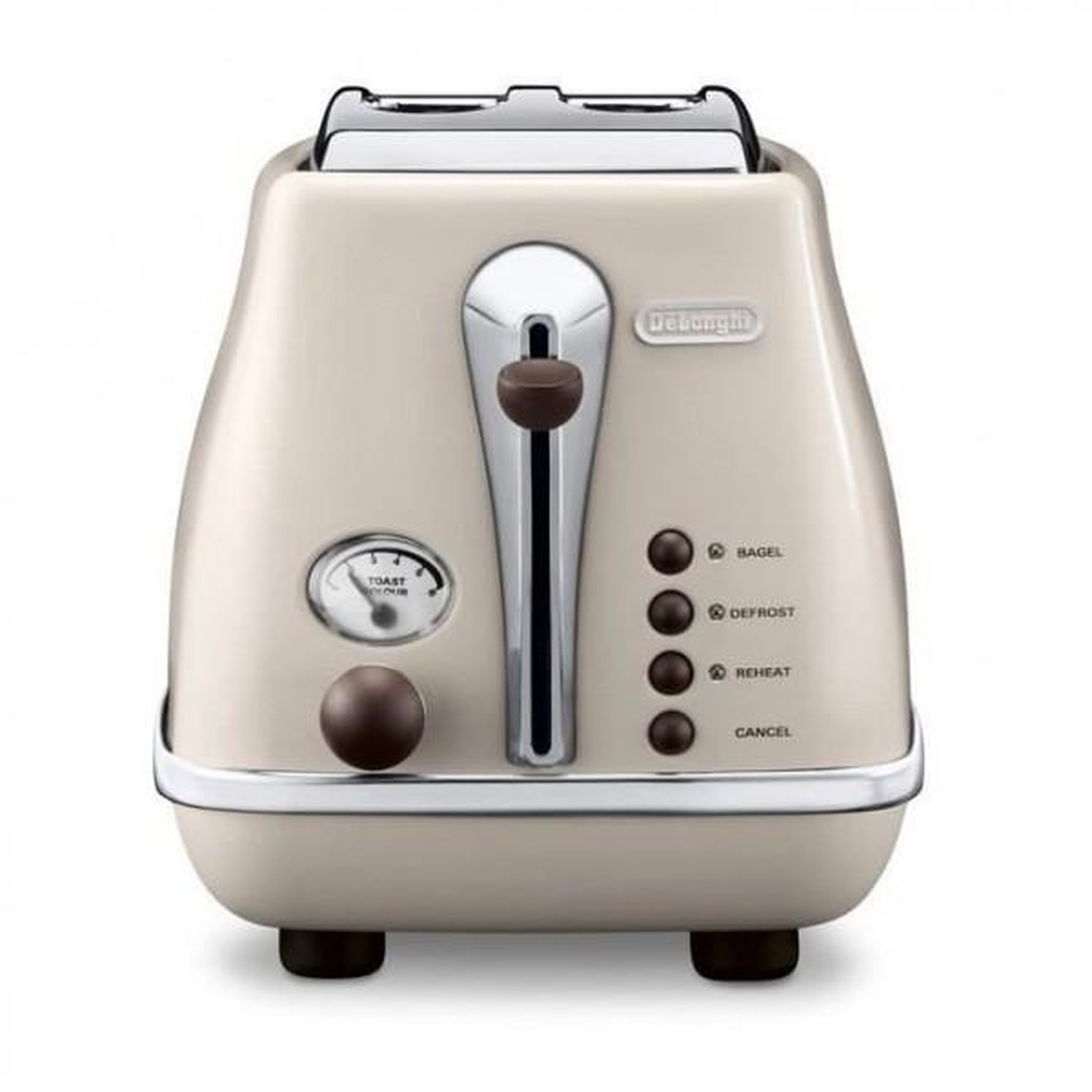 Voir la diapositive 2 : DELONGHI Grille Pain - Toaster Electrique  - Delonghi - Icona Vintage - 2 tranches - 6 positions - Beige brillant / Base et poignée Chocolat
