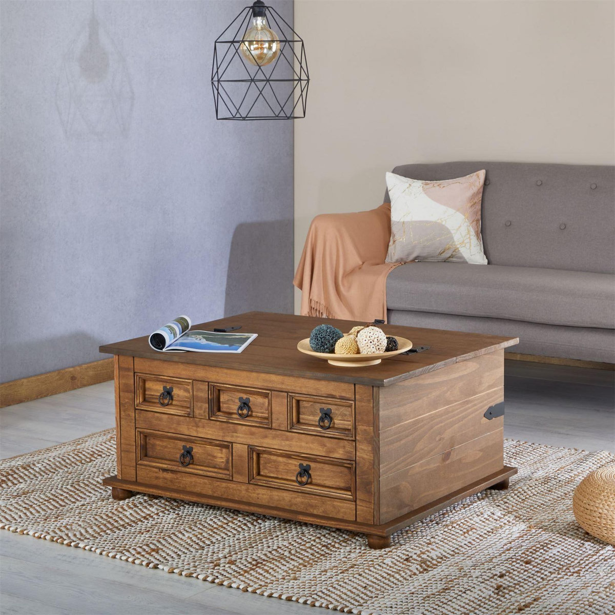 IDIMEX Table basse coffre en pin TEQUILA style mexicain, avec 5 tiroirs, lasuré brun