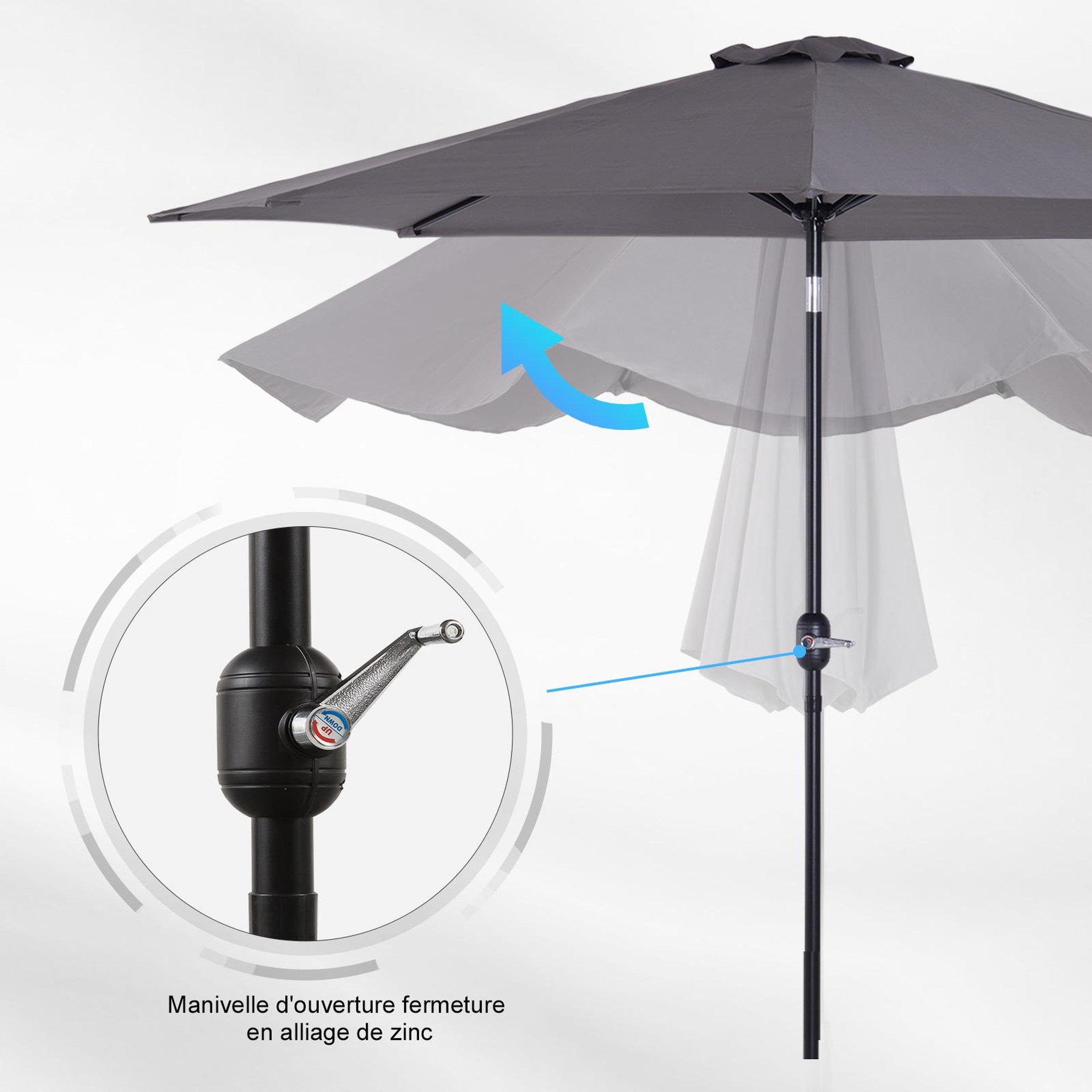 Voir la diapositive 5 : OUTSUNNY Parasol en métal rond polyester 180g/m² manivelle inclinable Ø 3 x 2,45 m gris