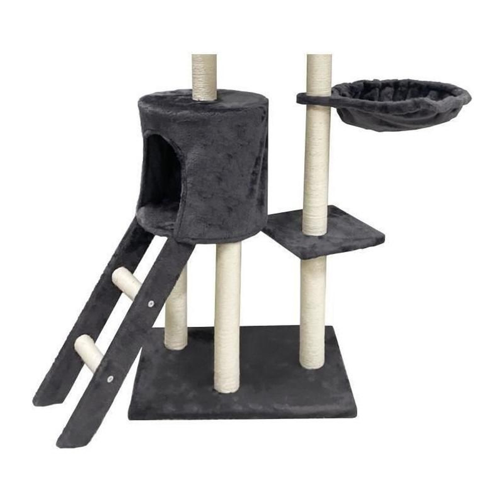 Voir la diapositive 4 : GENERIQUE Arbre a chat - 79 x 34 x 138 cm - JIPSY - Gris foncé - 3 plateformes, 1 perchoir, 1 niche, 1 escalier, poteaux a griffer
