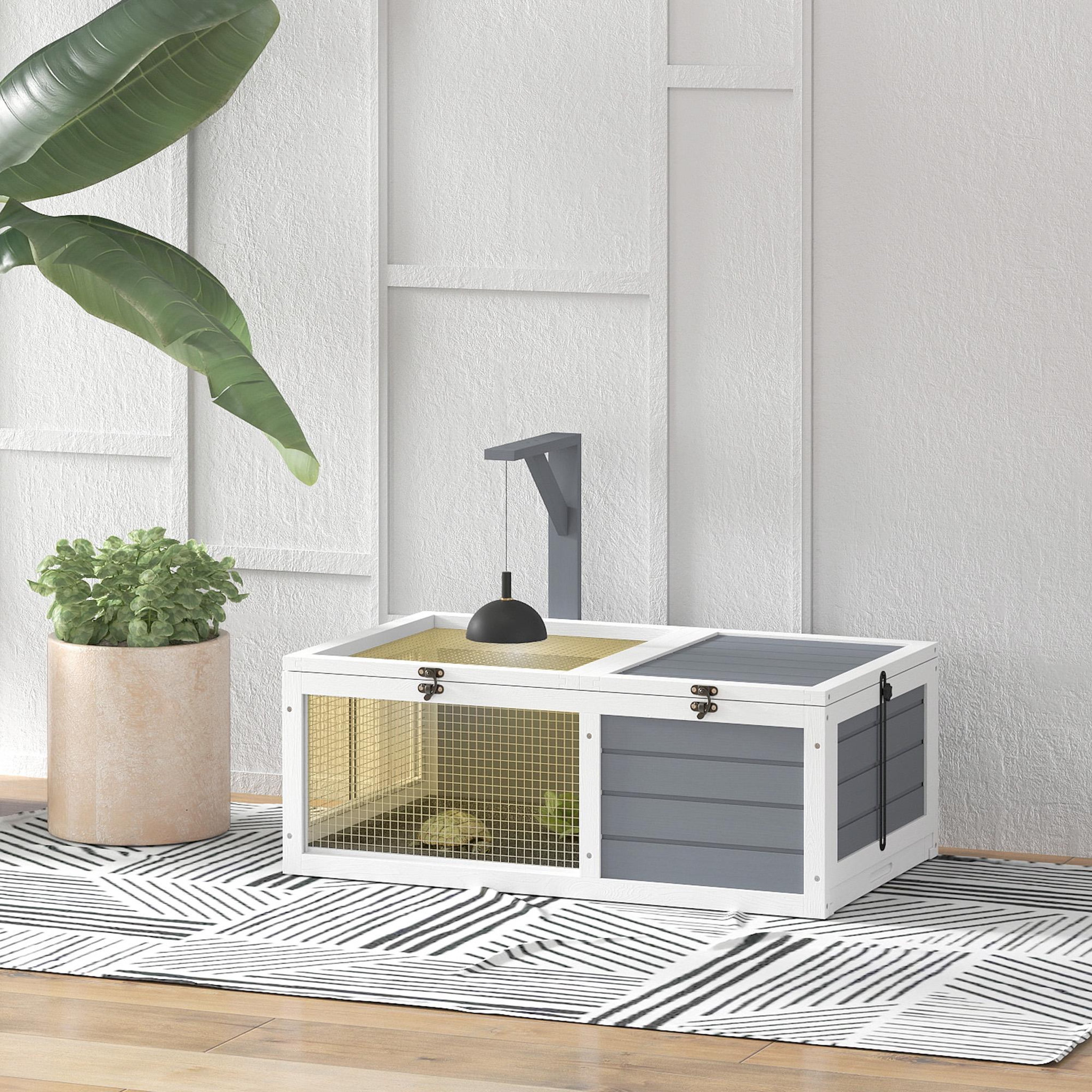 Voir la diapositive 4 : PAWHUT Enclos tortue - maison tortue terrestre exterieur - support de lampe, 2 plateaux coulissants - dim. 81L x 48l x 31H cm - bois gris clair