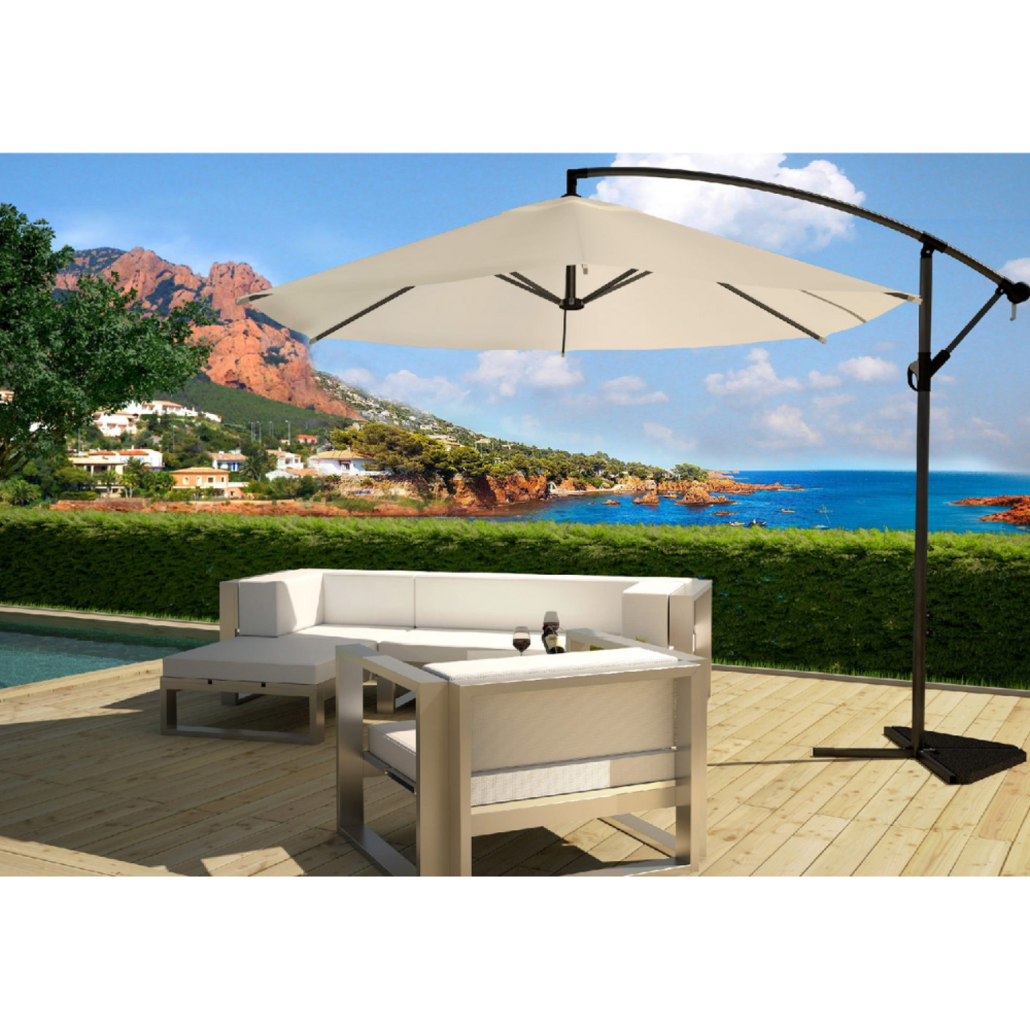 Voir la diapositive 3 : CONCEPT USINE Parasol ecru déporté rond 3 x 3 m porticcio
