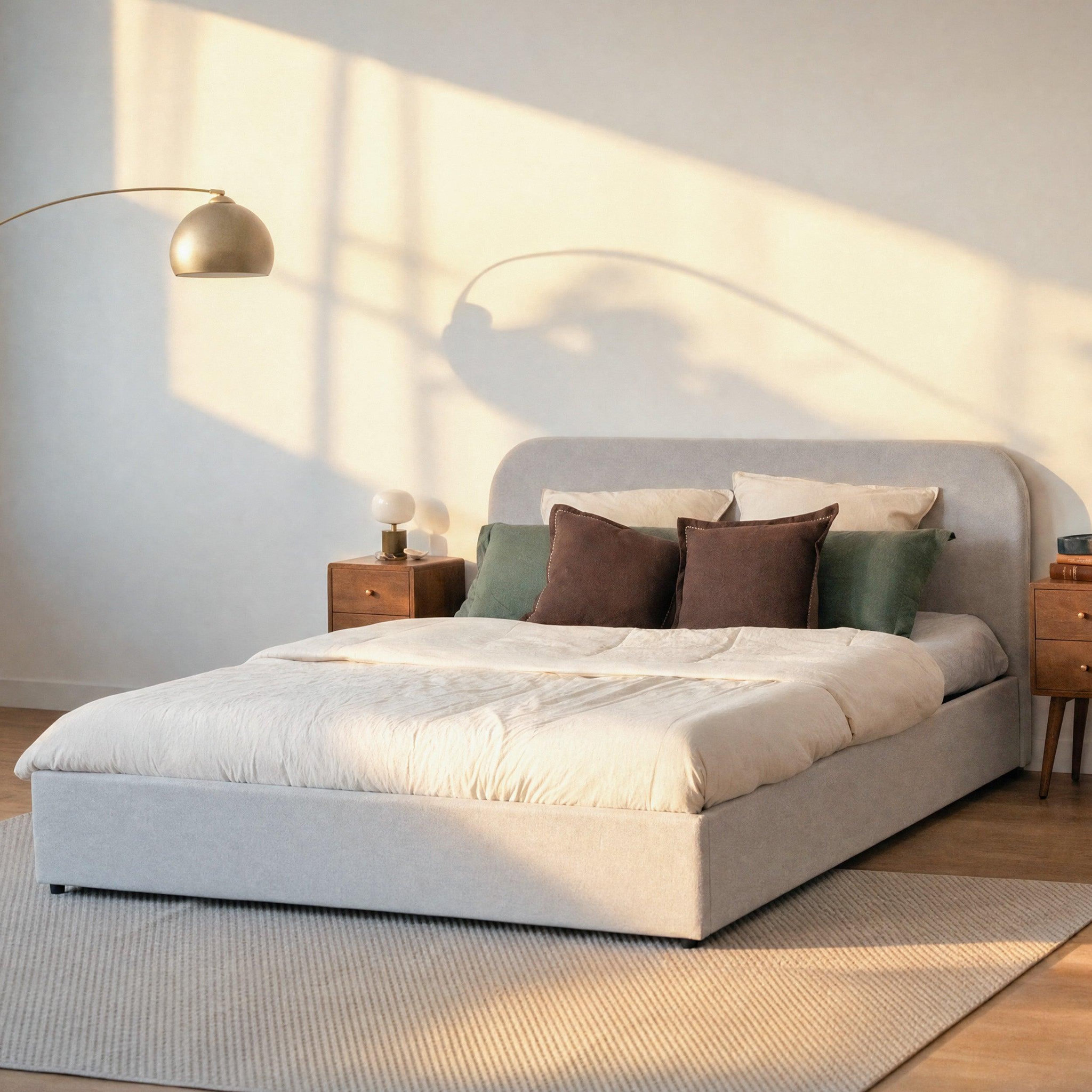Voir la diapositive 2 : MAISON PAVANE Lit double avec coffre 160x200 cm en tissu gris/beige-tilly