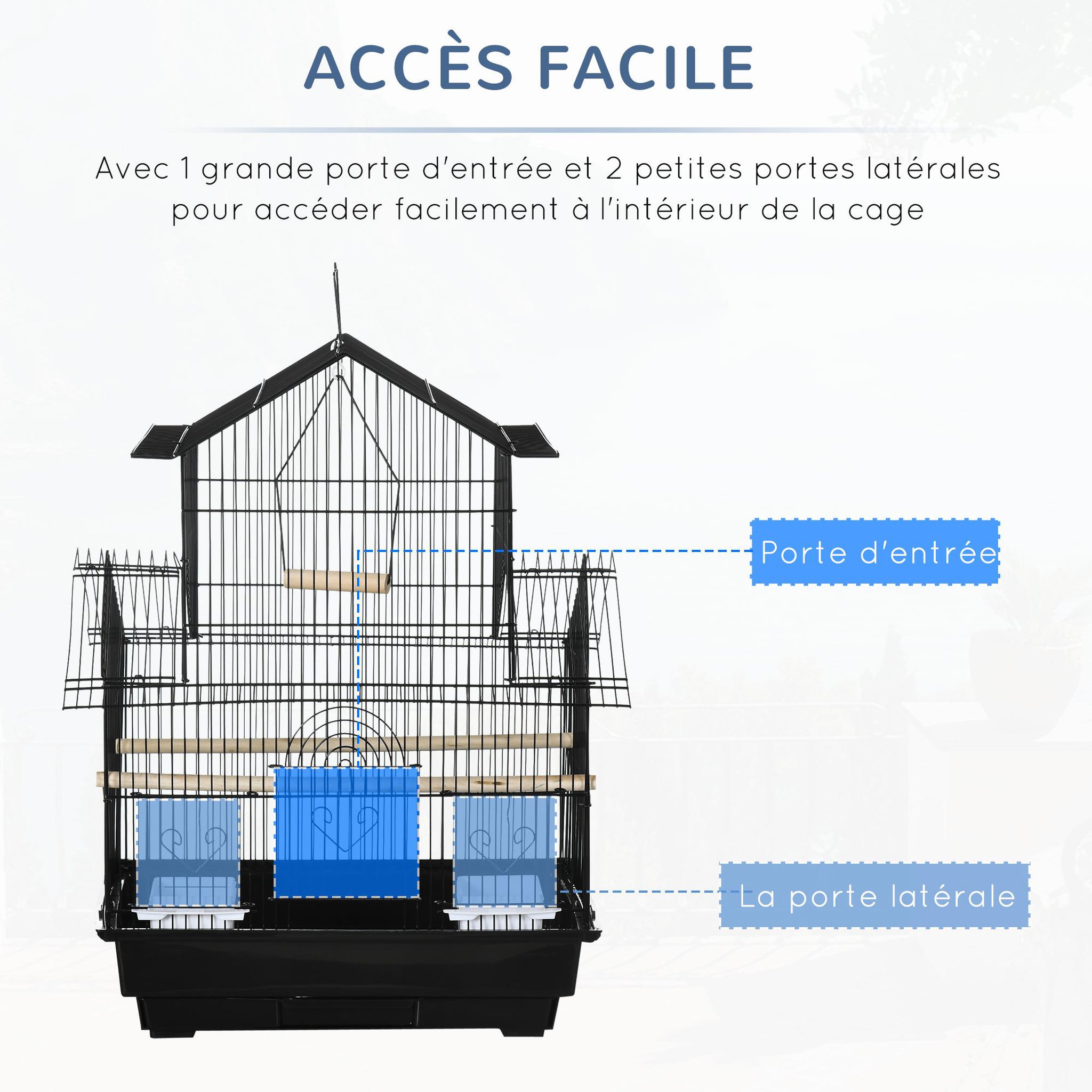 Voir la diapositive 6 : PAWHUT Cage à oiseaux design maison perchoirs mangeoires balançoire 3 portes plateau excrément amovible + poignée transport métal noir