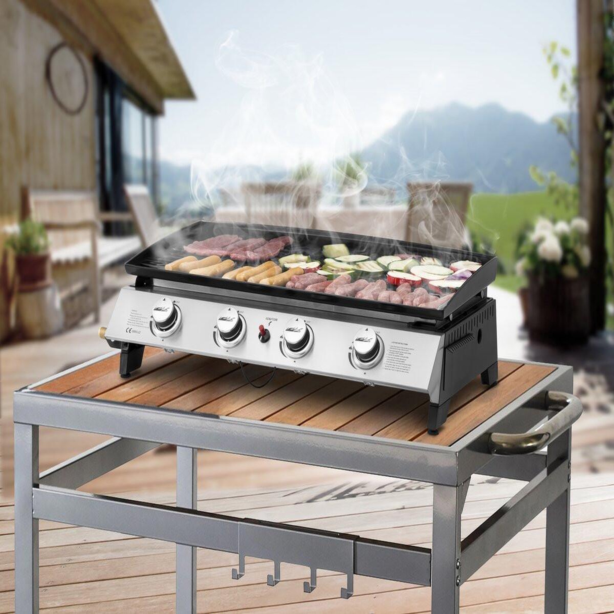 Voir la diapositive 2 : Habitat et Jardin Plancha à gaz avec 4 brûleurs en métal  Jolly  - 10 Kw - Gris