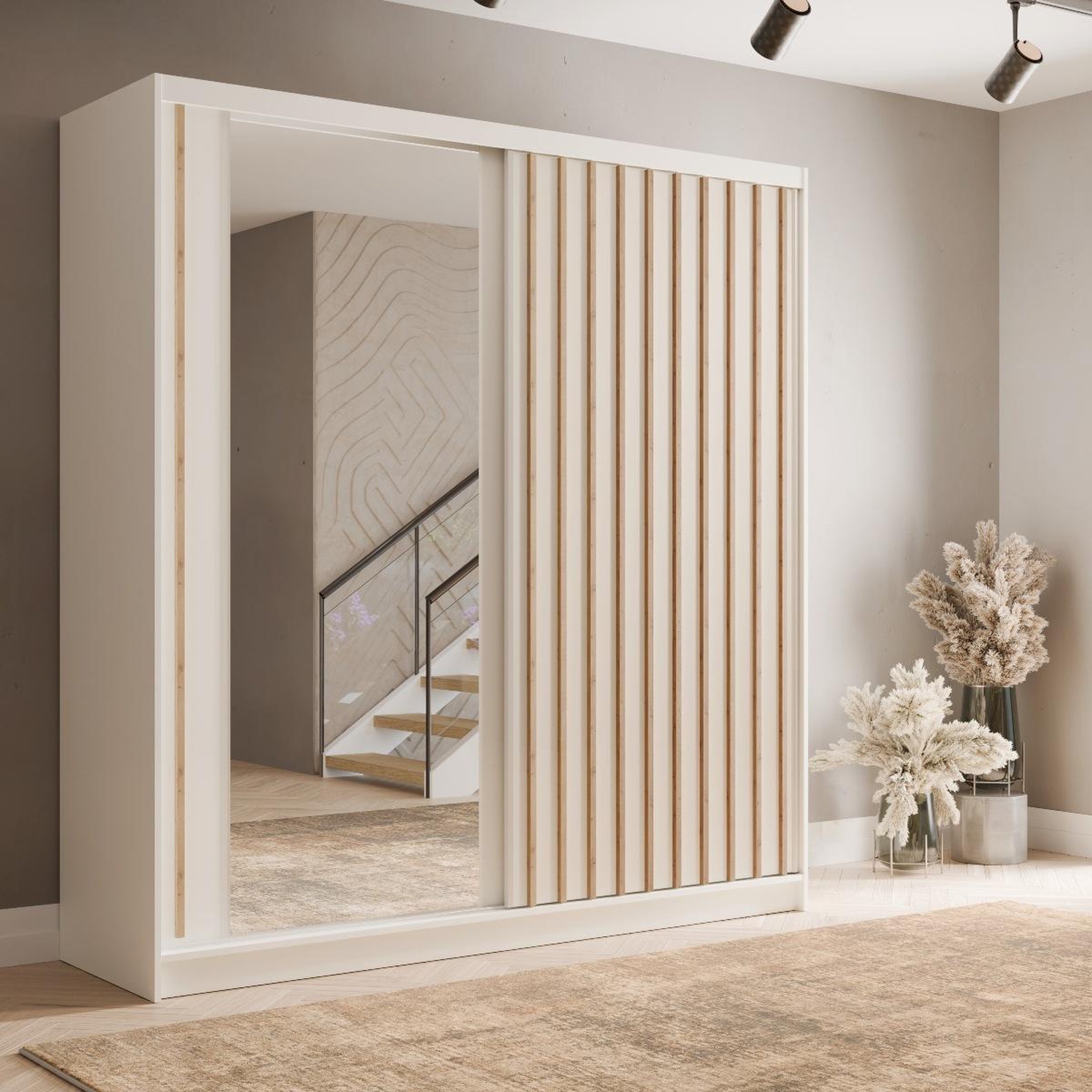 Voir la diapositive 2 : JLC KREATION Armoire dressing coulissant blanc et bois 205cm celia
